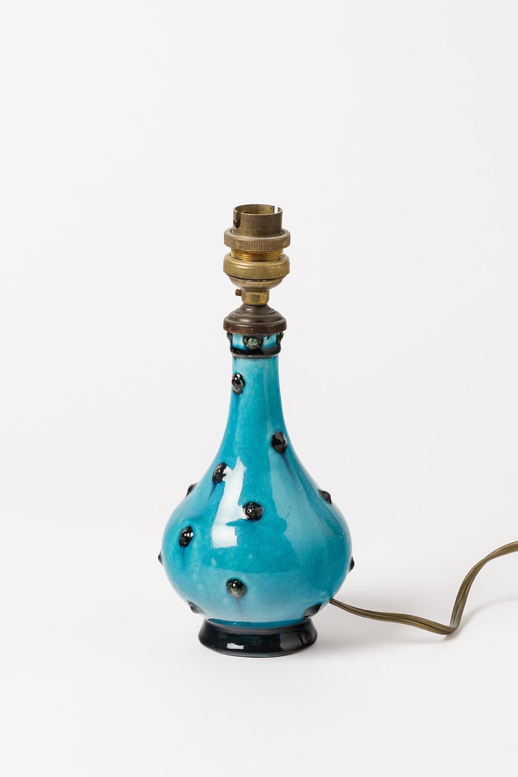 Dekorative blau-schwarze Art-déco-Keramik-Tischlampe von Lachenal:: 1930 (Französisch) im Angebot
