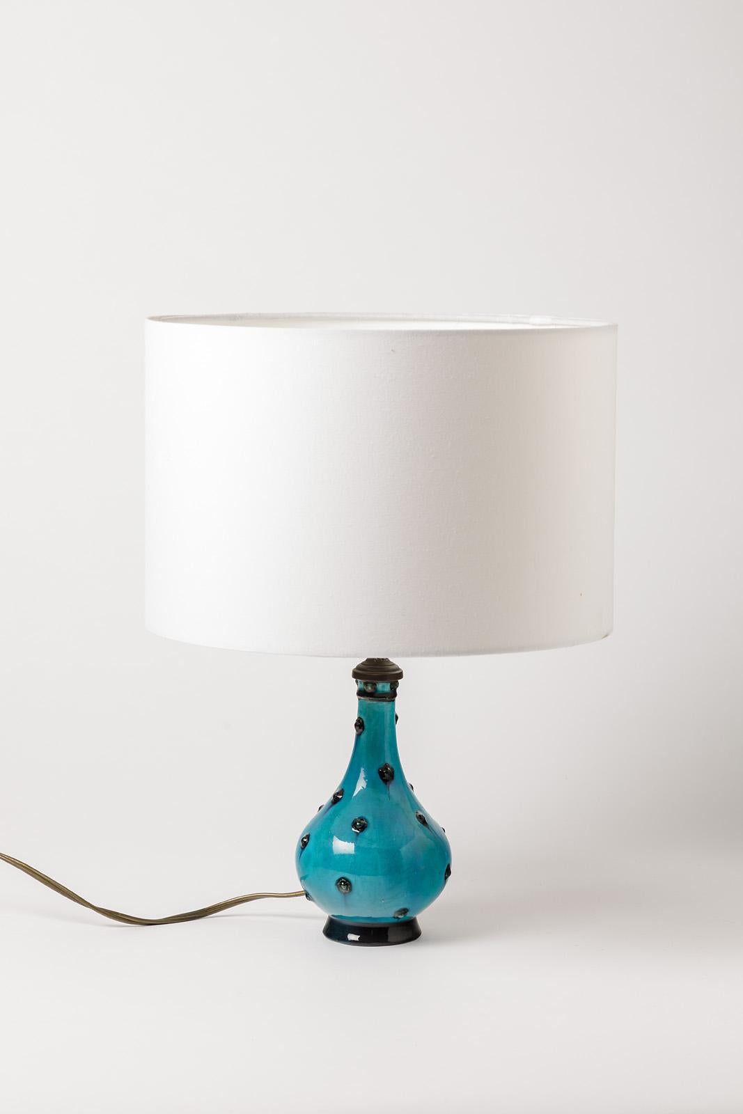 20th Century Decorative Blue and Black Art Deco Ceramic Table Lamp by Lachenal, 1930 For Sale