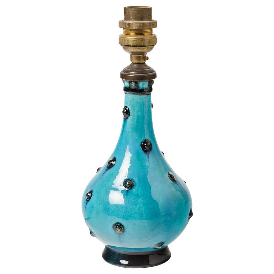 Dekorative blau-schwarze Art-déco-Keramik-Tischlampe von Lachenal:: 1930 im Angebot