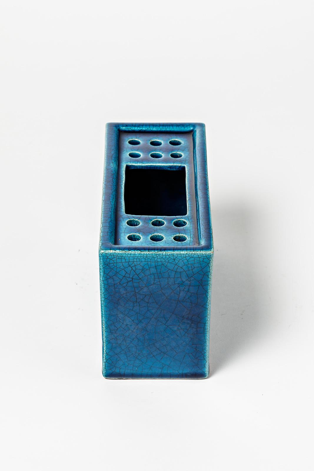 Mid-Century Modern Decorative Blue Ceramic Brick Flower Spike Vase 1950 Attributed to Pol Chambost For Sale
