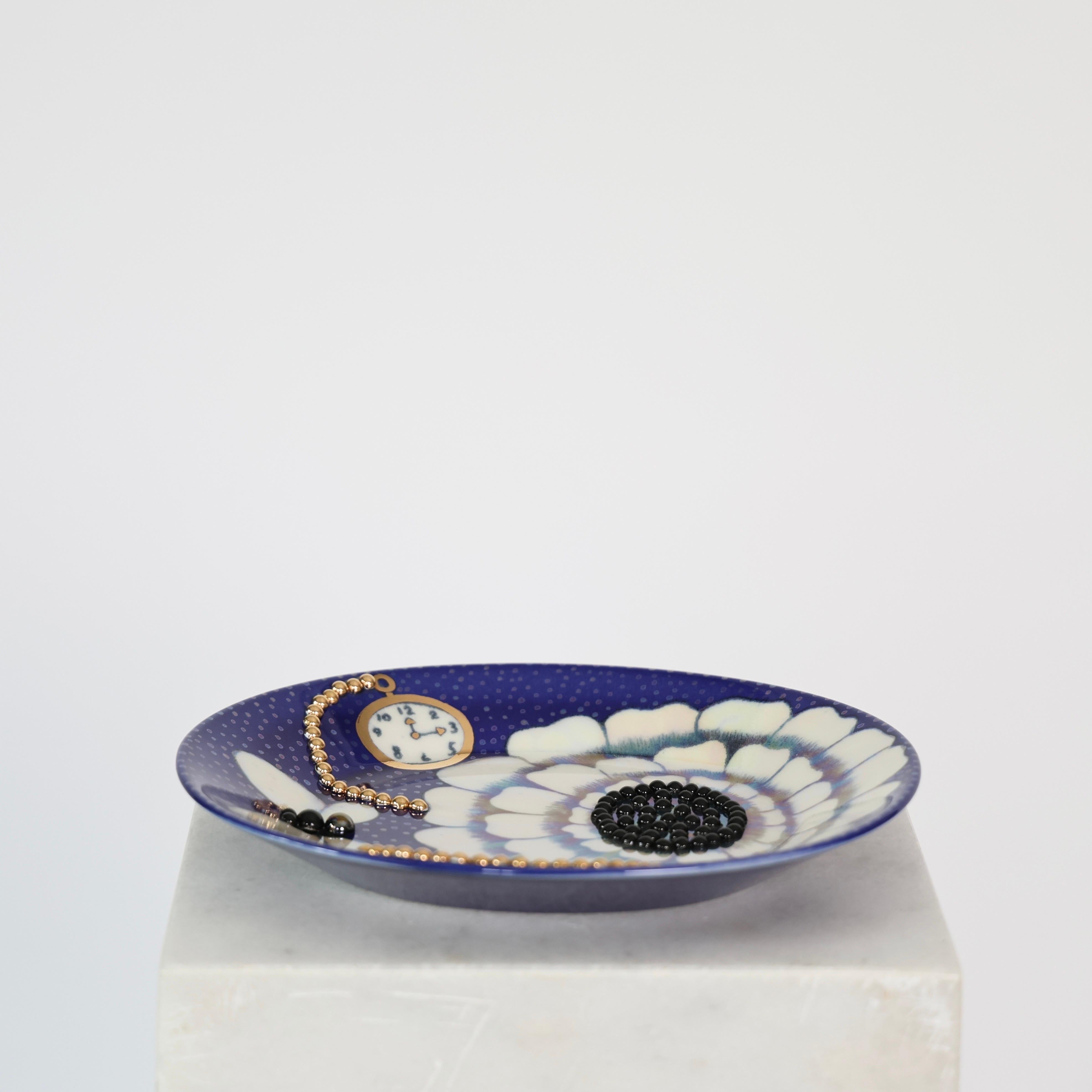 Finnish Decorative Blue Dish with Gold Beads designed by Birger Kaipianen, 1980s For Sale