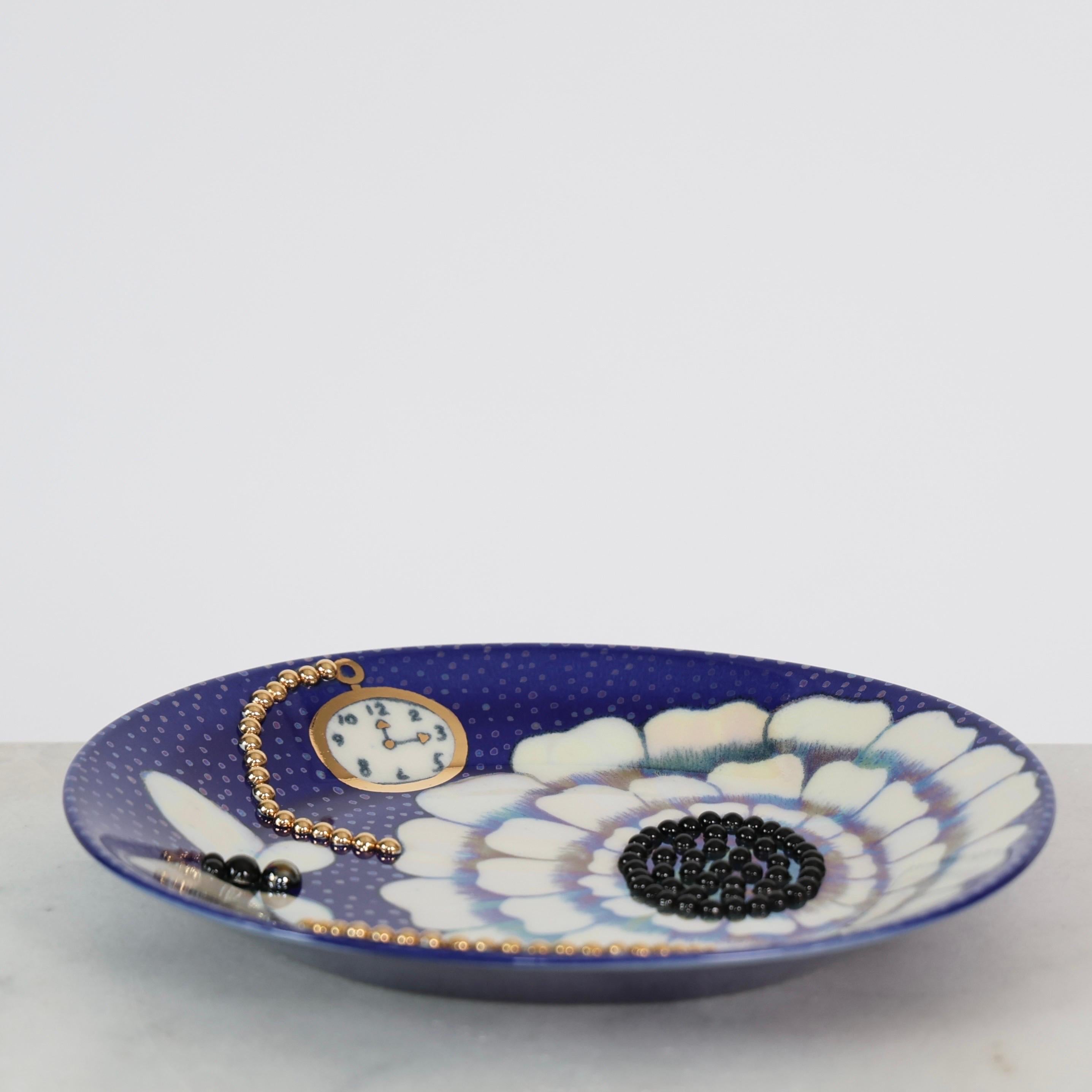 Hand-Painted Decorative Blue Dish with Gold Beads designed by Birger Kaipianen, 1980s For Sale