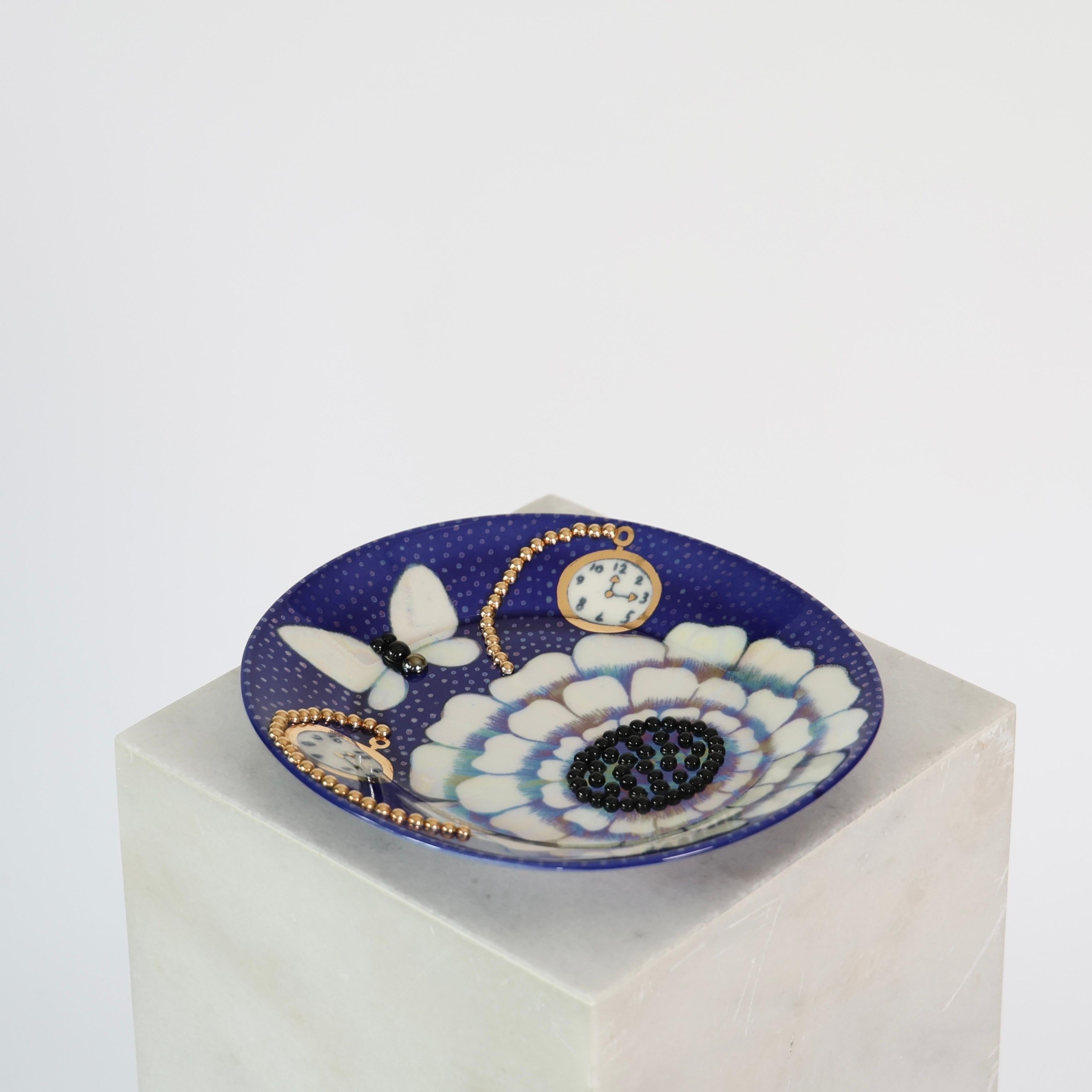 Decorative Blue Dish with Gold Beads designed by Birger Kaipianen, 1980s For Sale 1