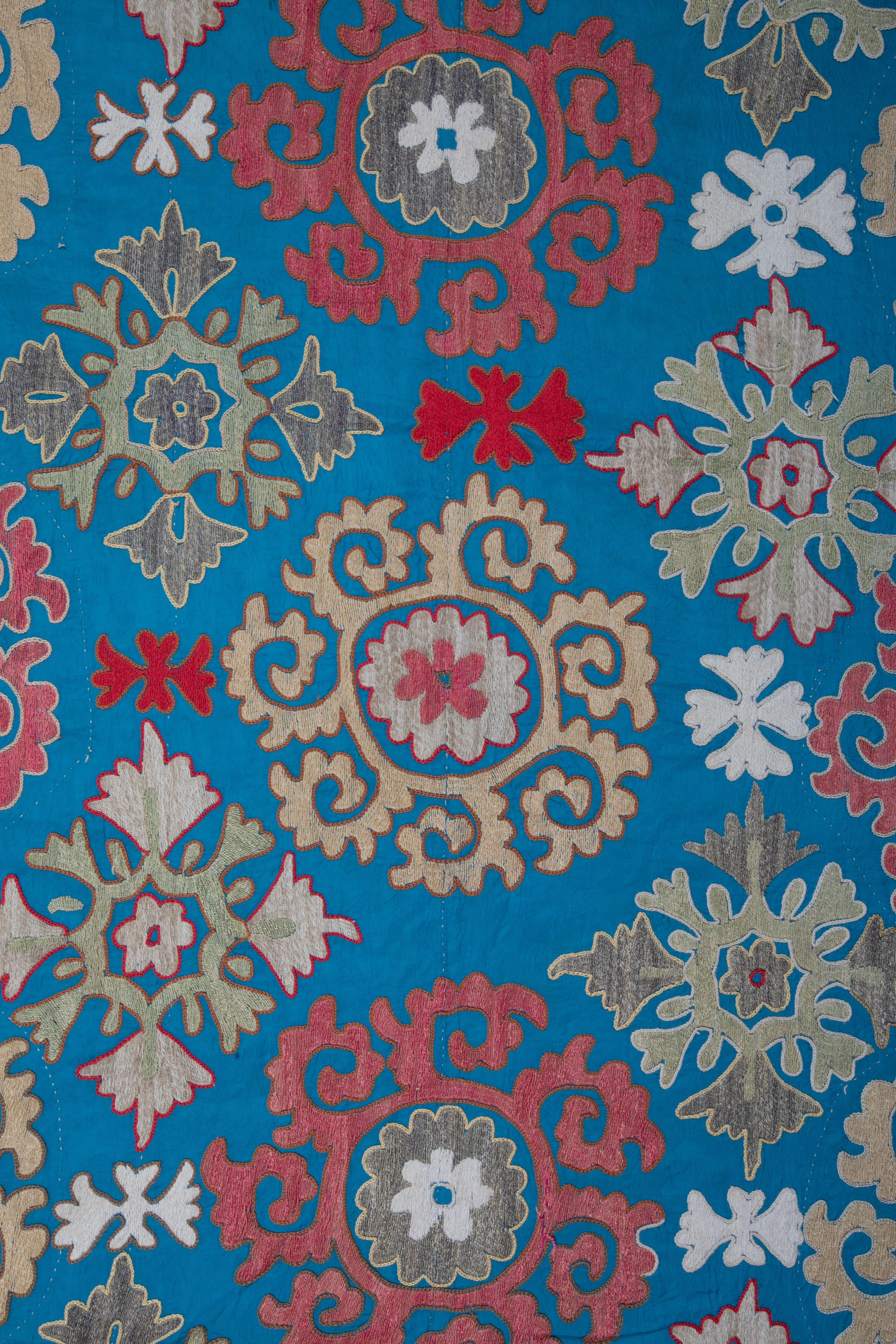 Cotton Decorative Blue Suzani from Uzbekistan, 1970s