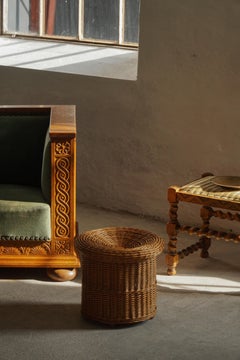 Decorative Bohemian Rattan Side Table / Stool, French Mid-20th Century