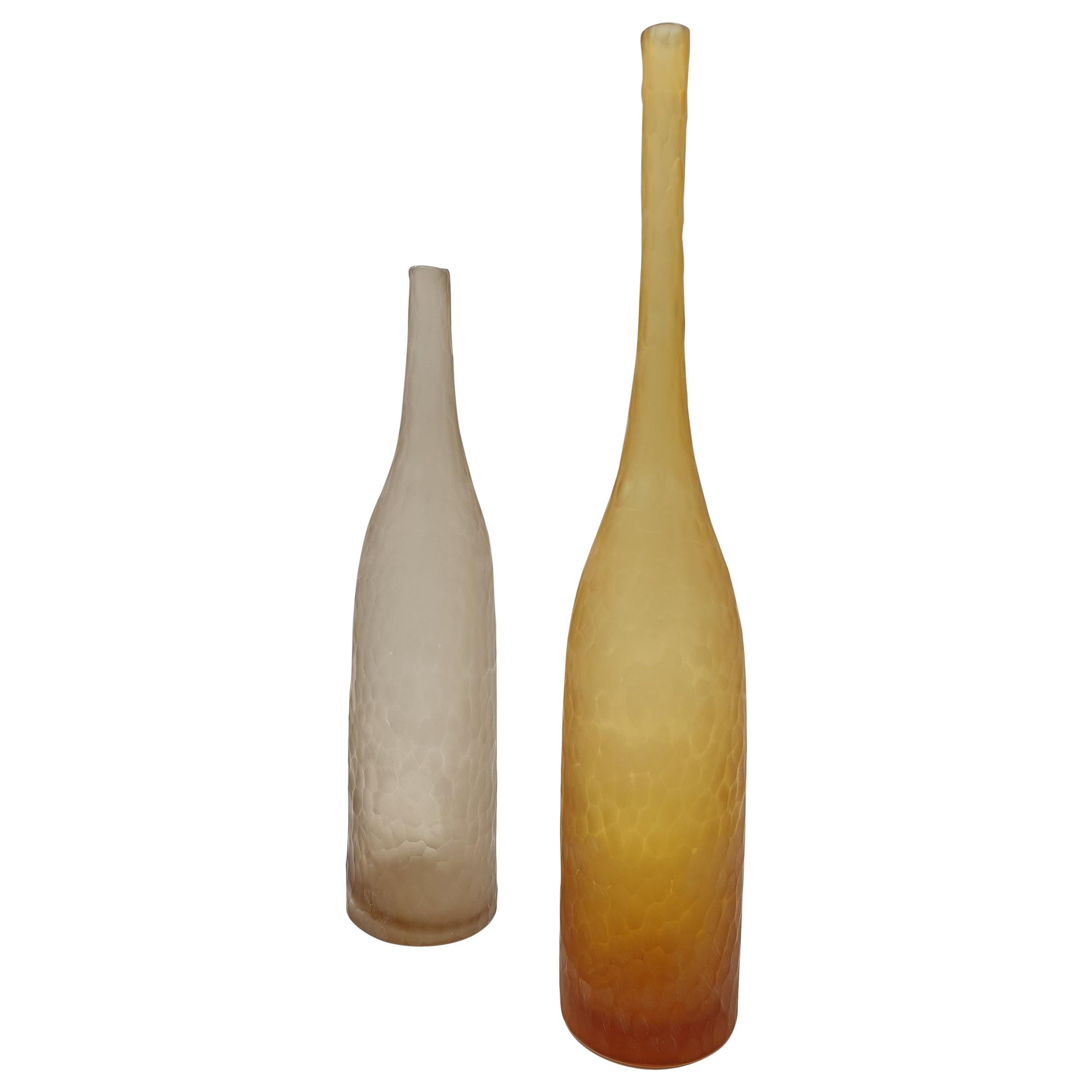 Decorative Bottles in "Battuto" Finish, Murano Glass by Cenedese, Amber and Pink For Sale