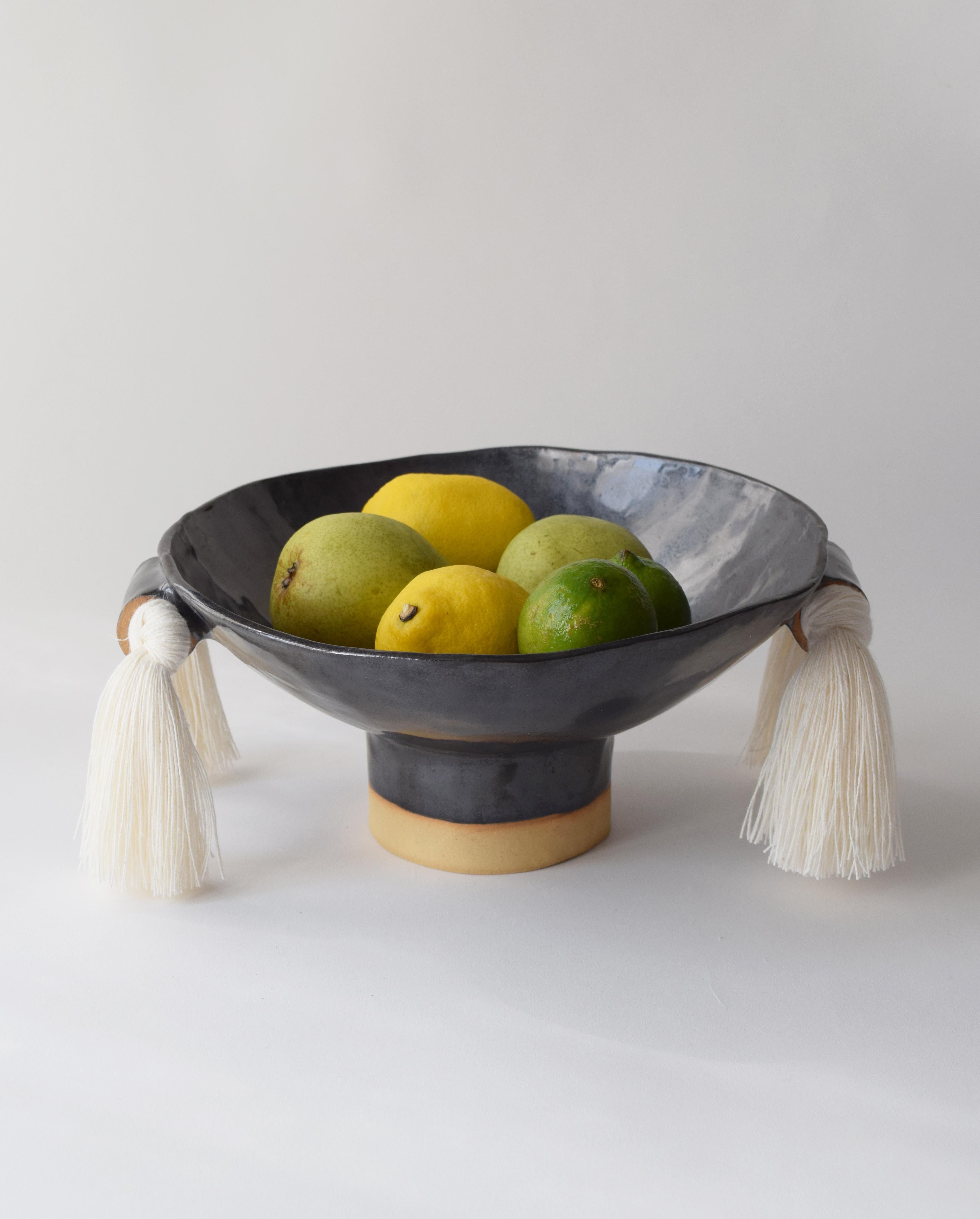 Organic Modern Decorative Ceramic Bowl #697 in Black Glaze with White Cotton Fringe Detail