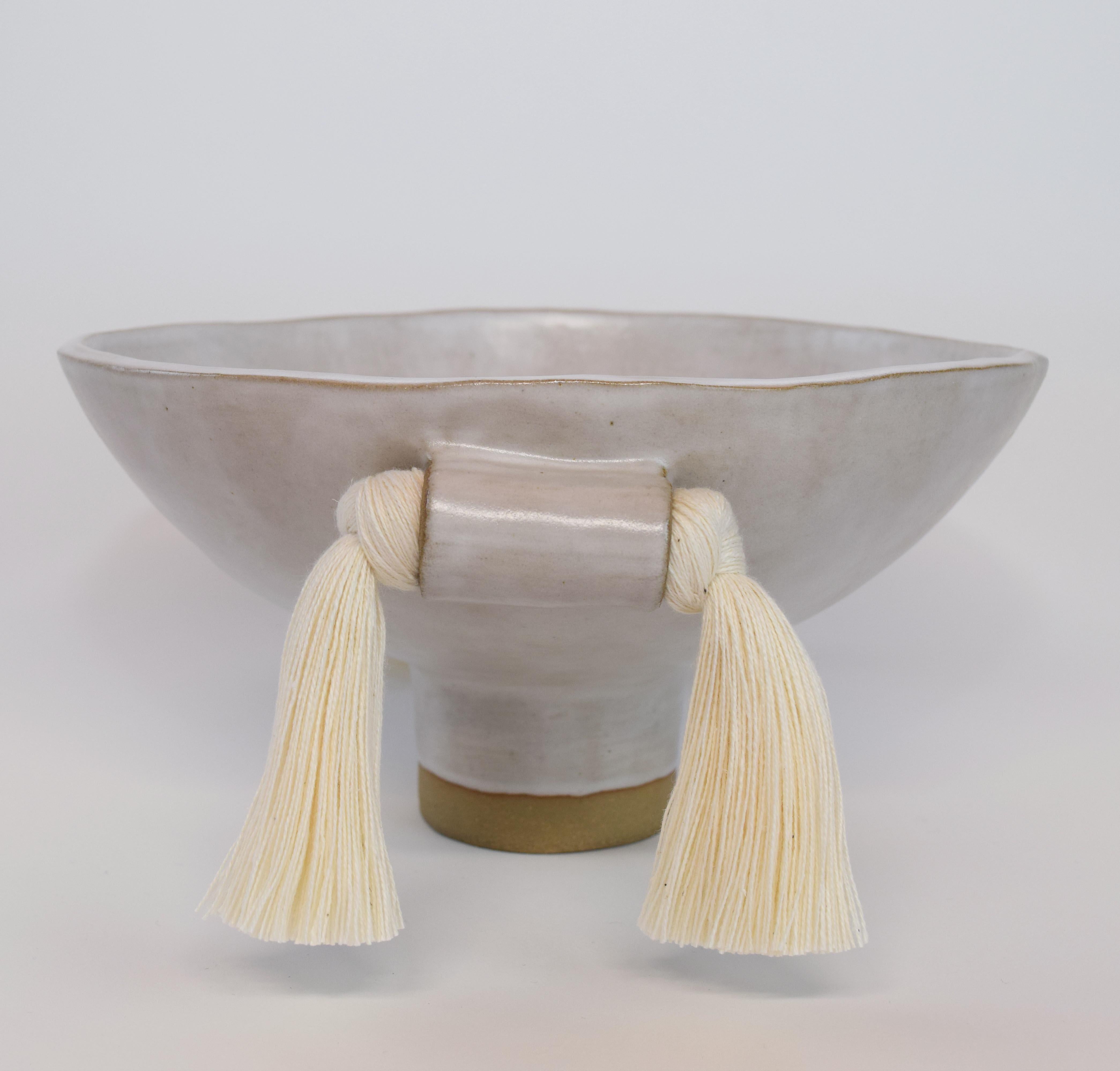 Organic Modern Decorative Ceramic Bowl #697 in White with White Cotton Fringe