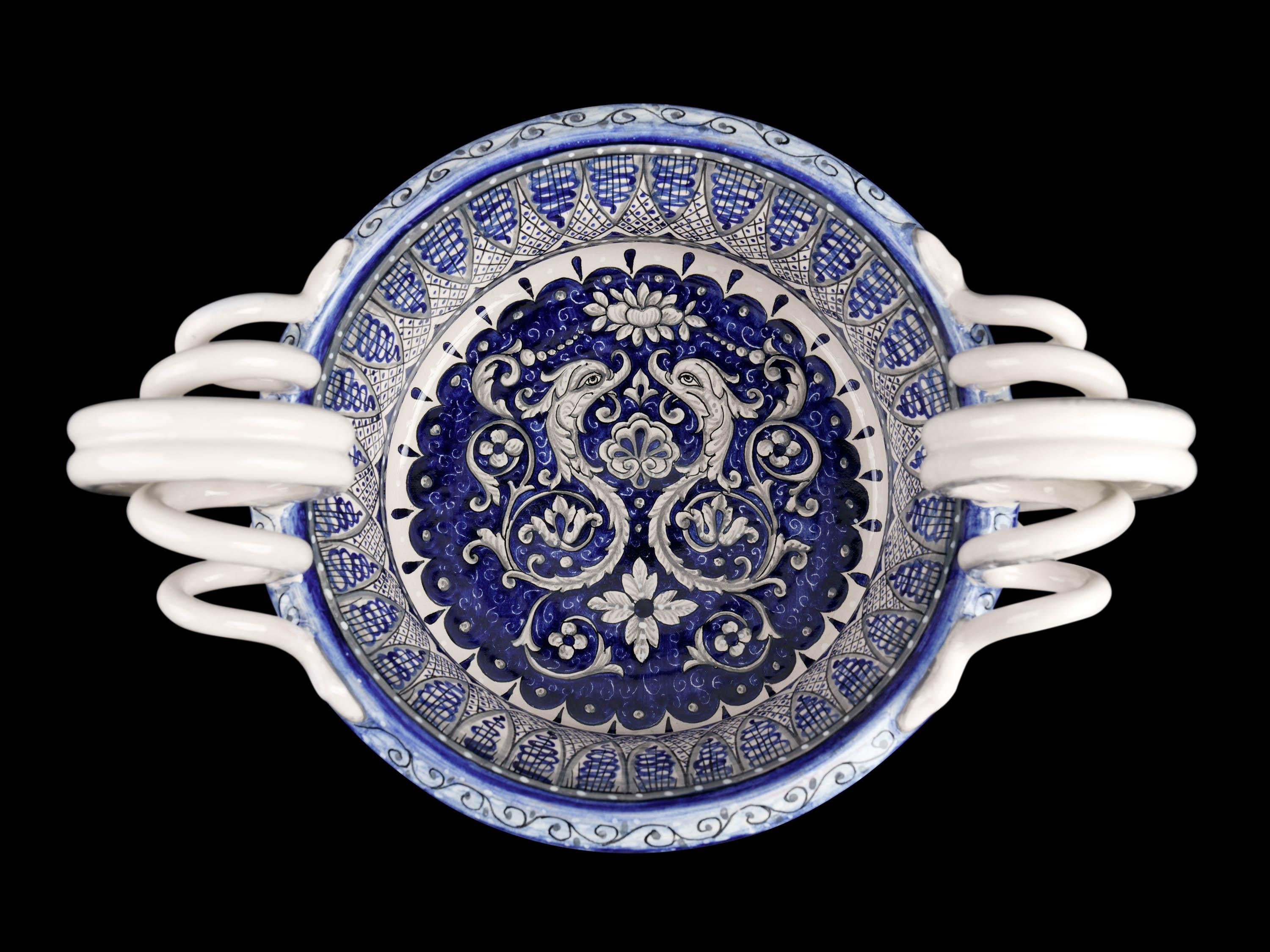 Italian Centerpiece Bowl Riser Decorated Ornament Handles Majolica Blue White Vessel For Sale