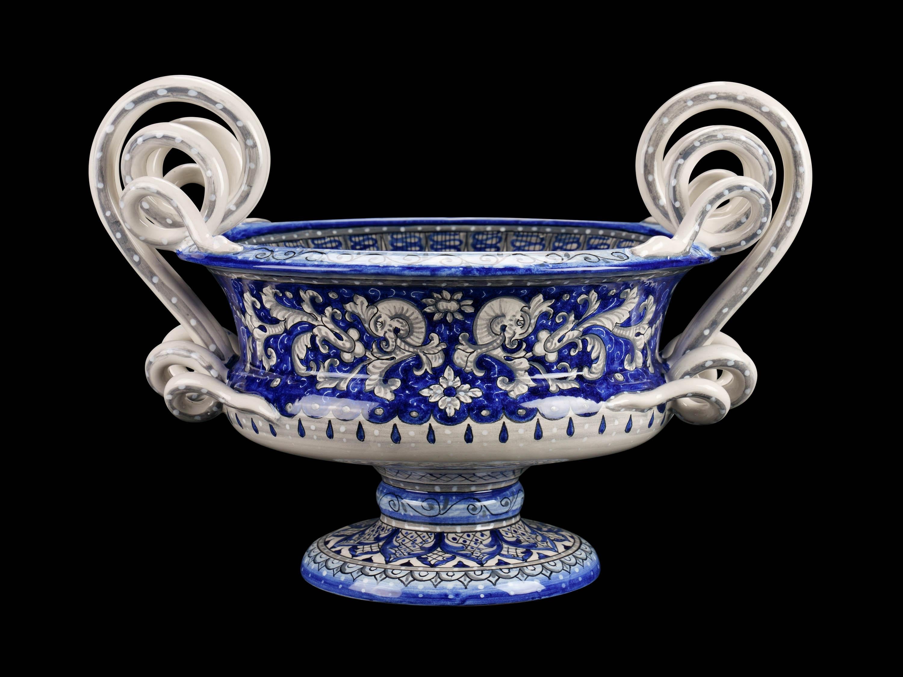 Ceramic Centerpiece Bowl Riser Decorated Ornament Handles Majolica Blue White Vessel For Sale