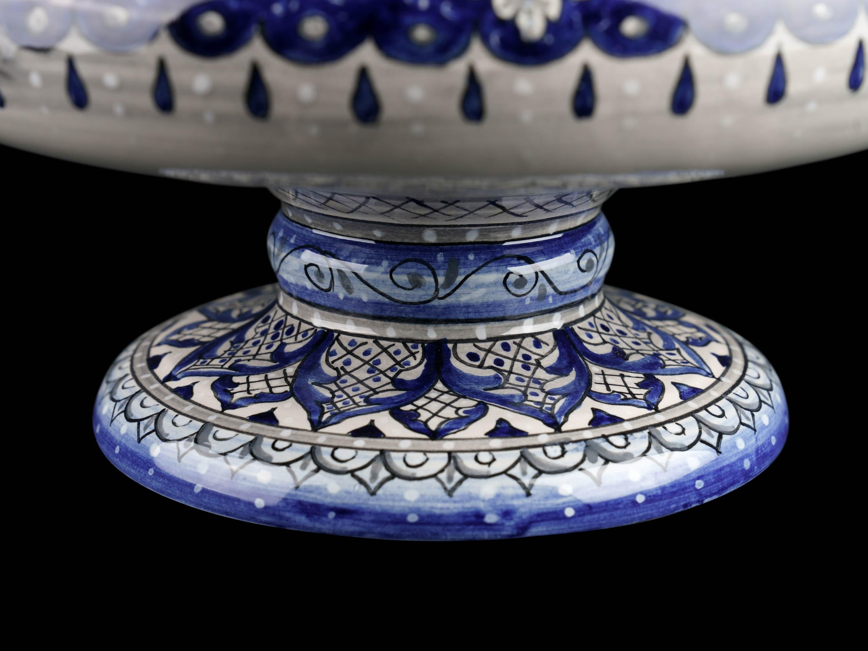 Contemporary Centerpiece Bowl Riser Decorated Ornament Handles Majolica Blue White Vessel For Sale