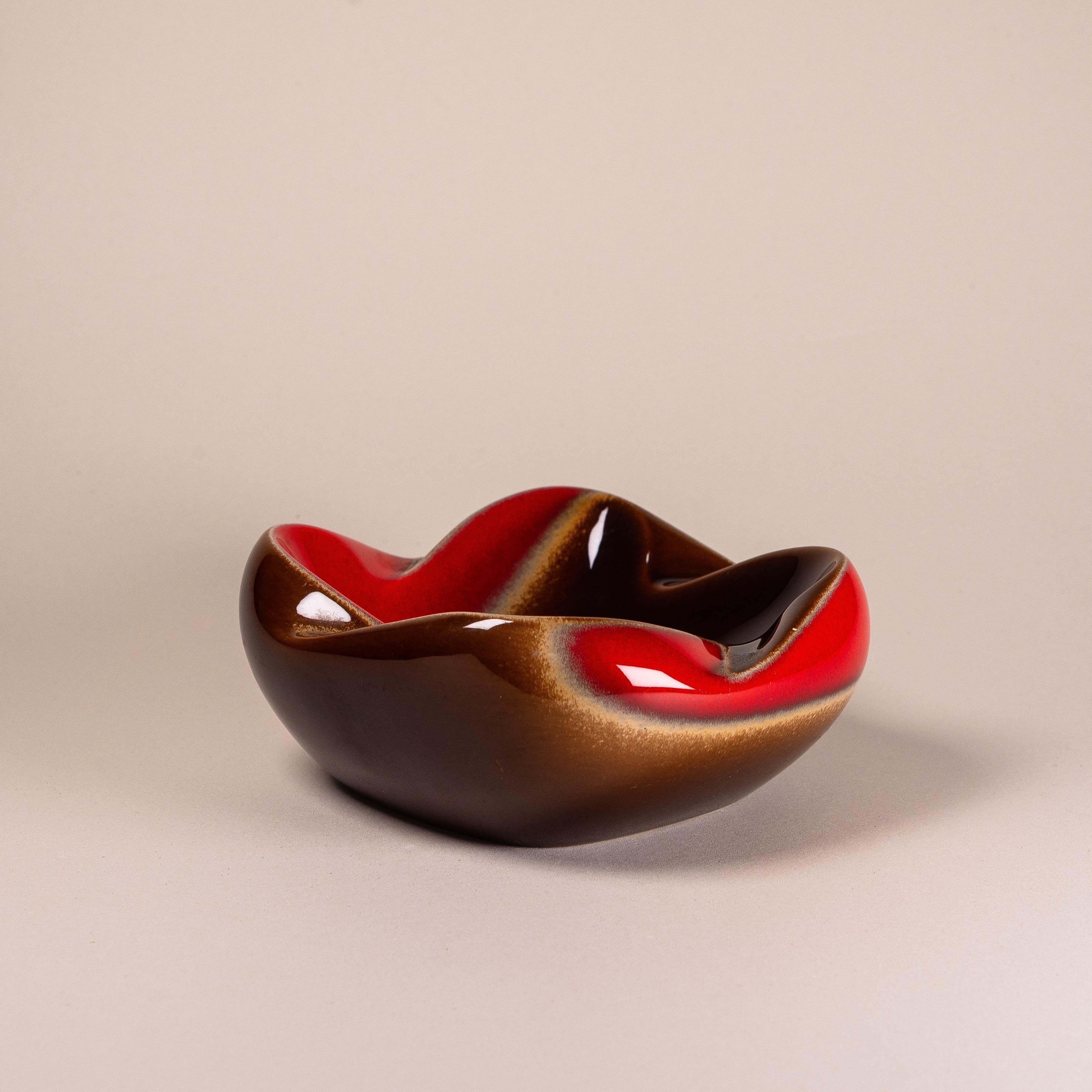 French Decorative Bowl or Dish, Ceramic in Red and Brown Enamel, Verceram France 1950 For Sale