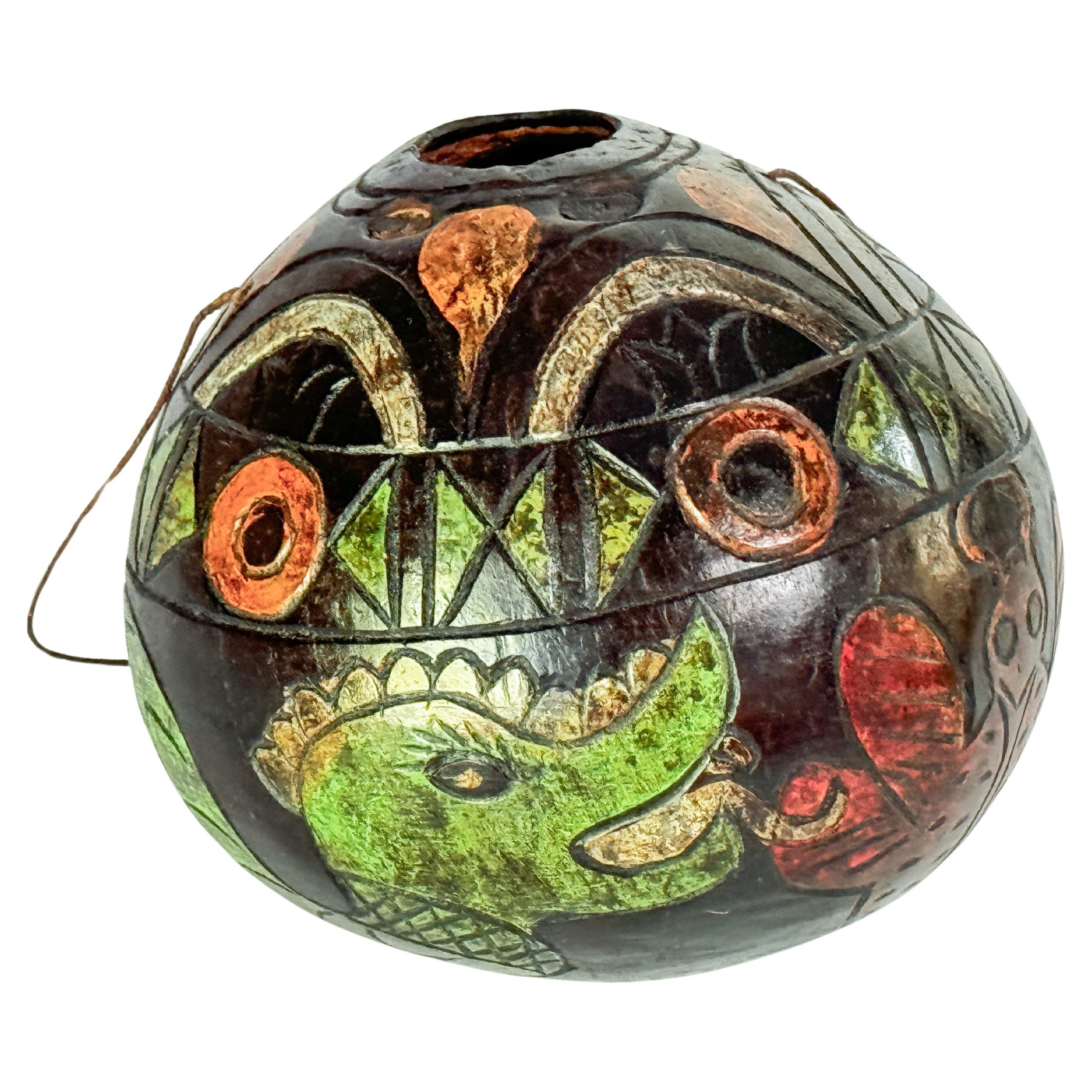 Ciotola decorativa con decorazioni primitive Colori verde rosso giallo Francia 1960