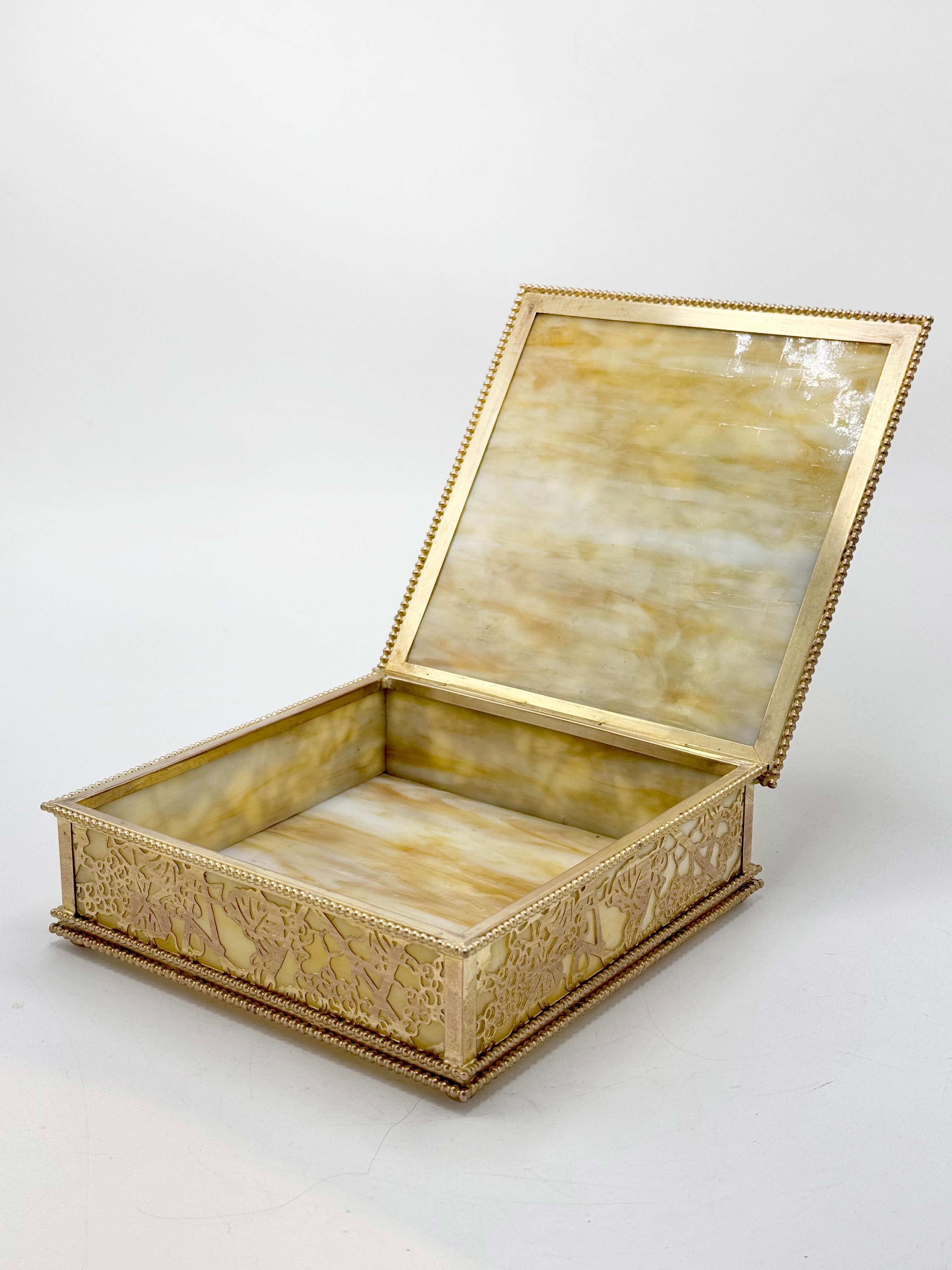 Bronze Decorative box by Tiffany Studios New York in bronze and and Slag Glass For Sale