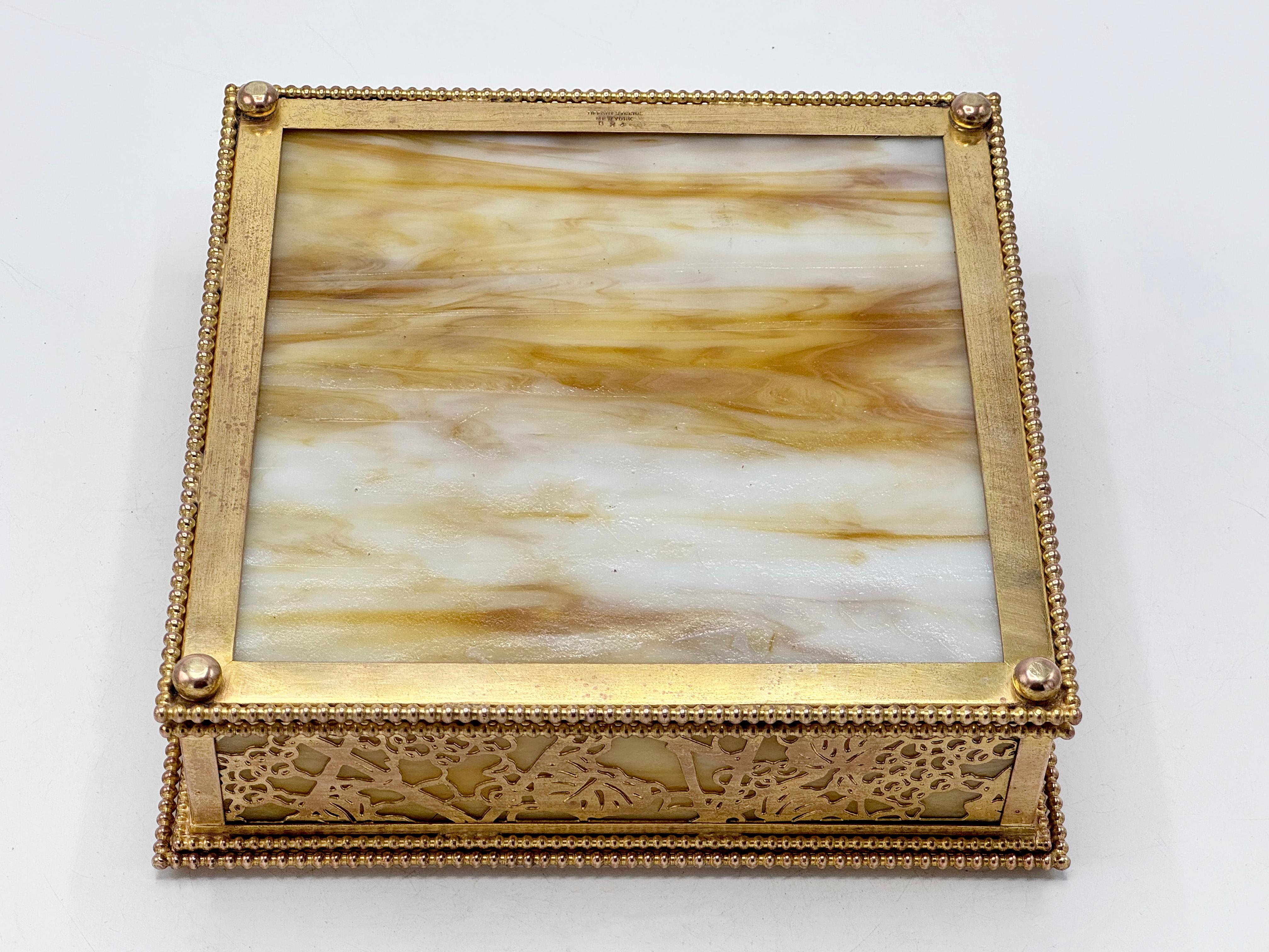 American Decorative box by Tiffany Studios New York in bronze and and Slag Glass For Sale