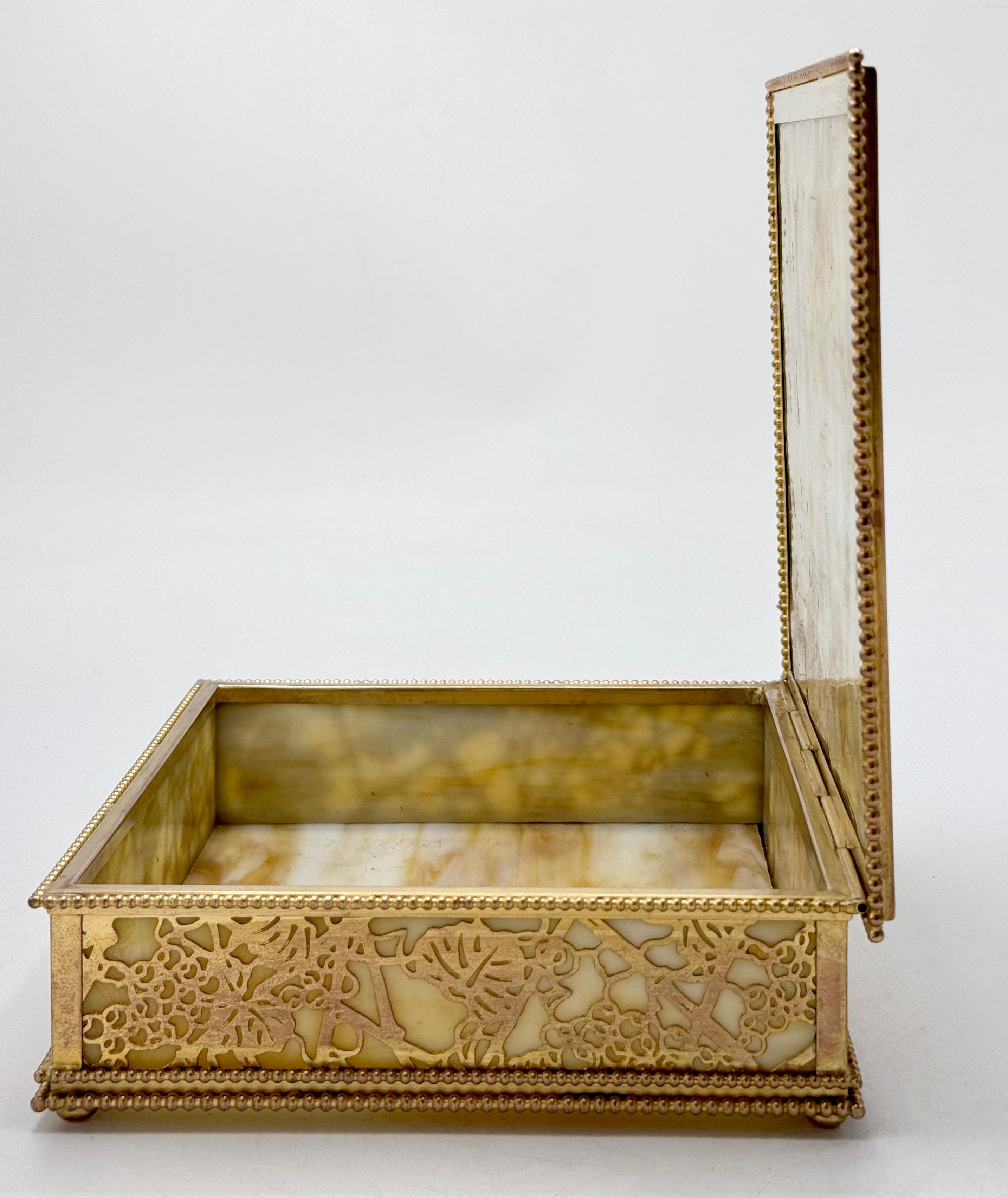 Hand-Crafted Decorative box by Tiffany Studios New York in bronze and and Slag Glass For Sale