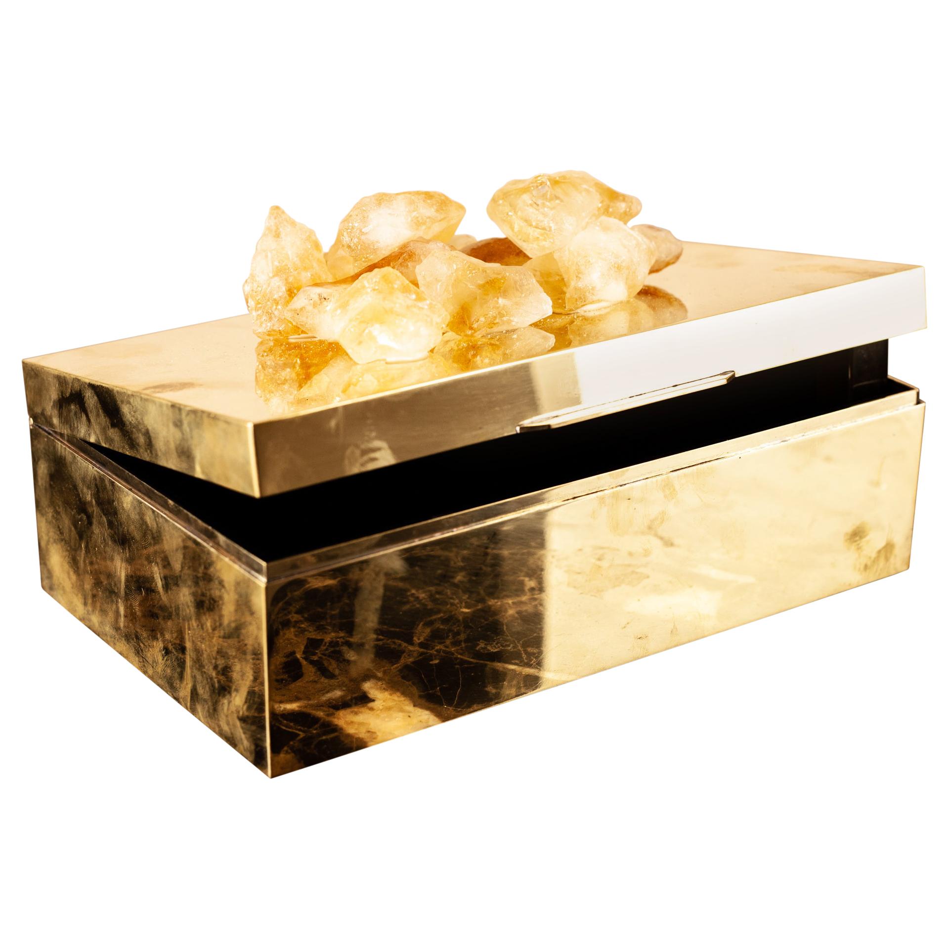 Decorative Box in Solid Brass with Natural Quartz Gemstone For Sale
