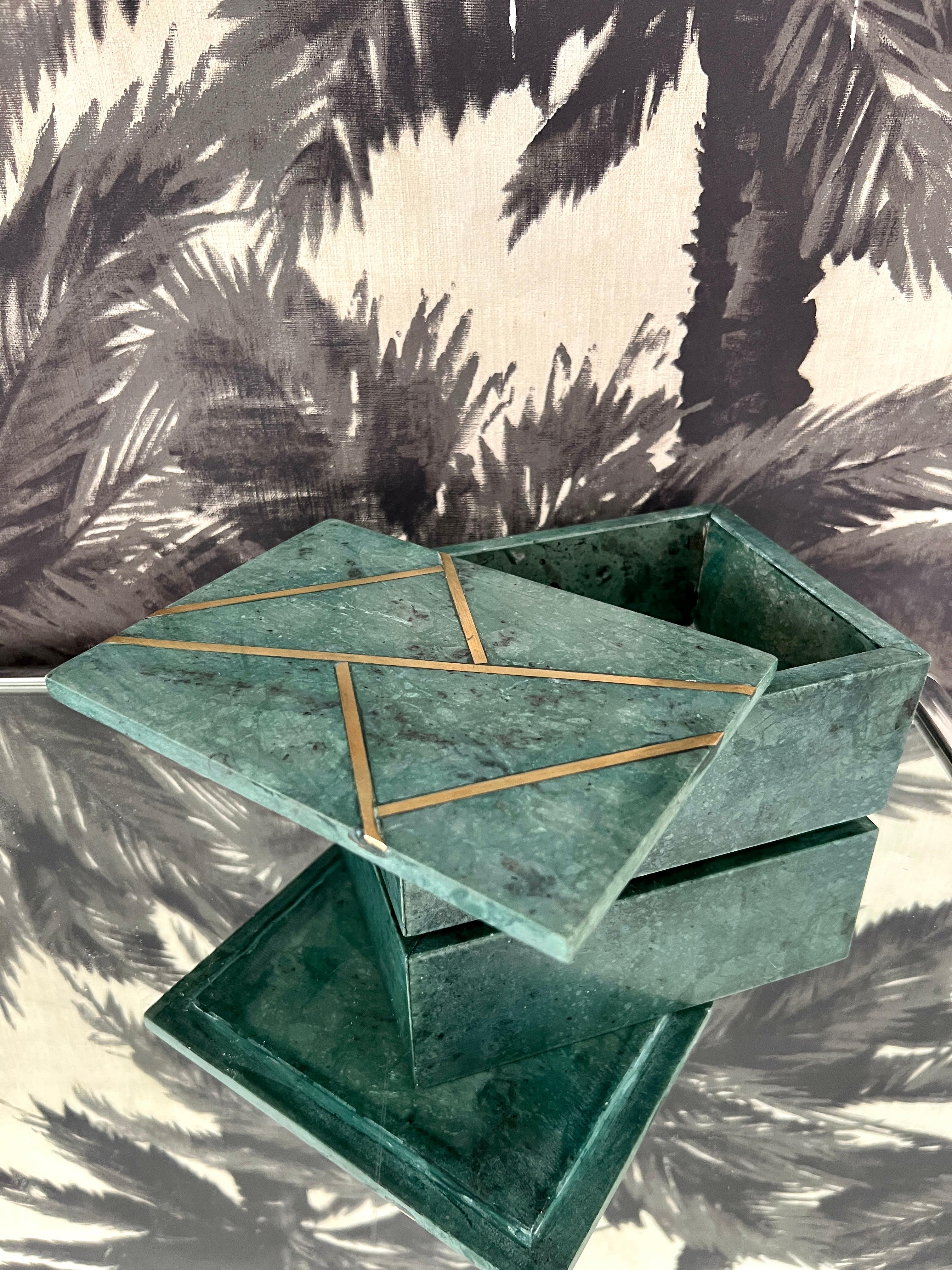 Post-Modern Decorative Box in Verde Guatemala Marble with Brass Inlays
