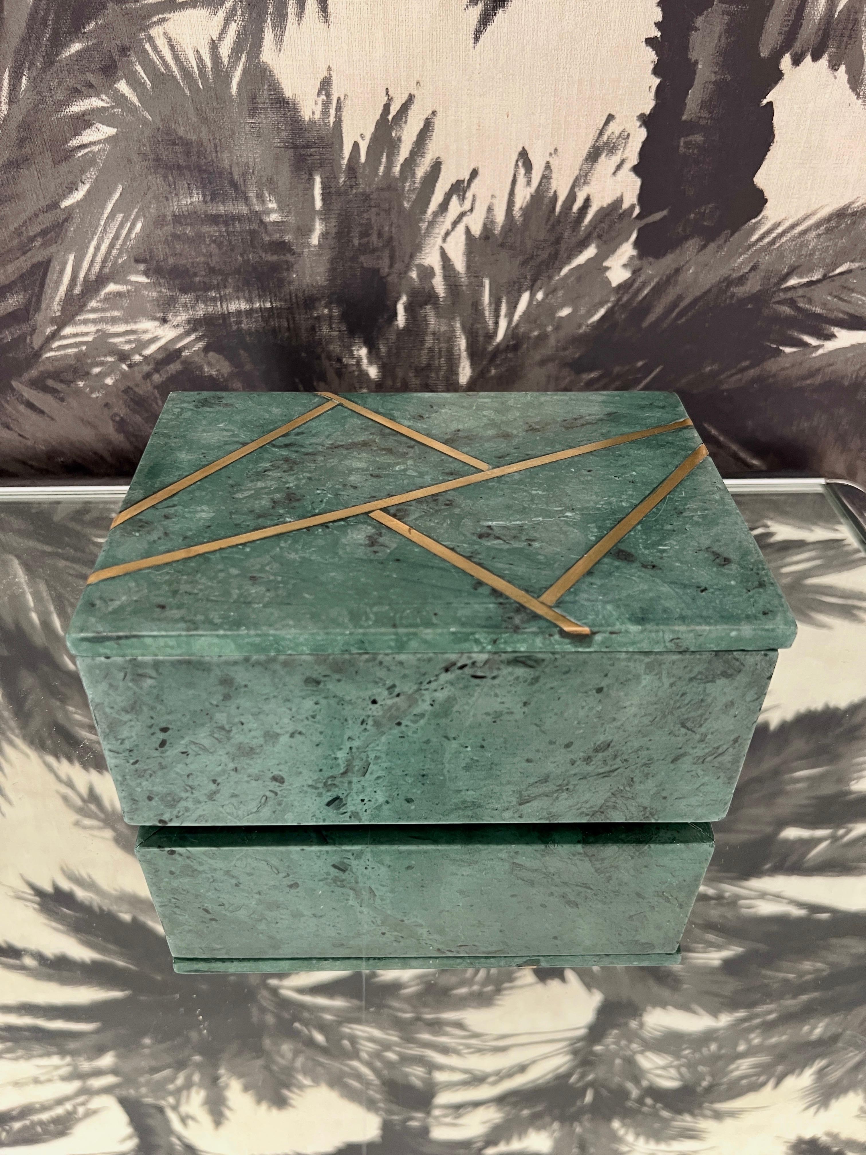 Hand-Carved Decorative Box in Verde Guatemala Marble with Brass Inlays