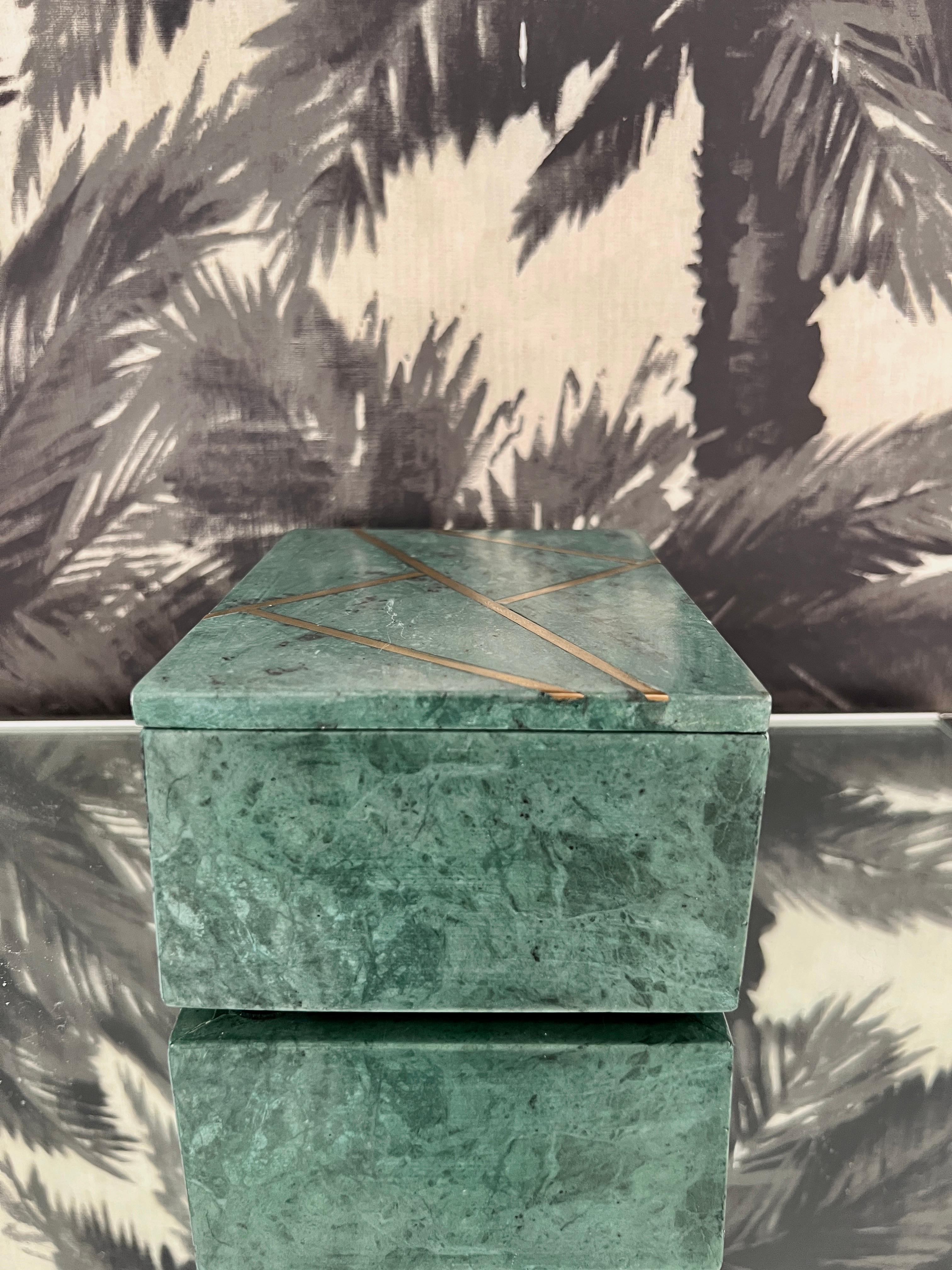 Contemporary Decorative Box in Verde Guatemala Marble with Brass Inlays