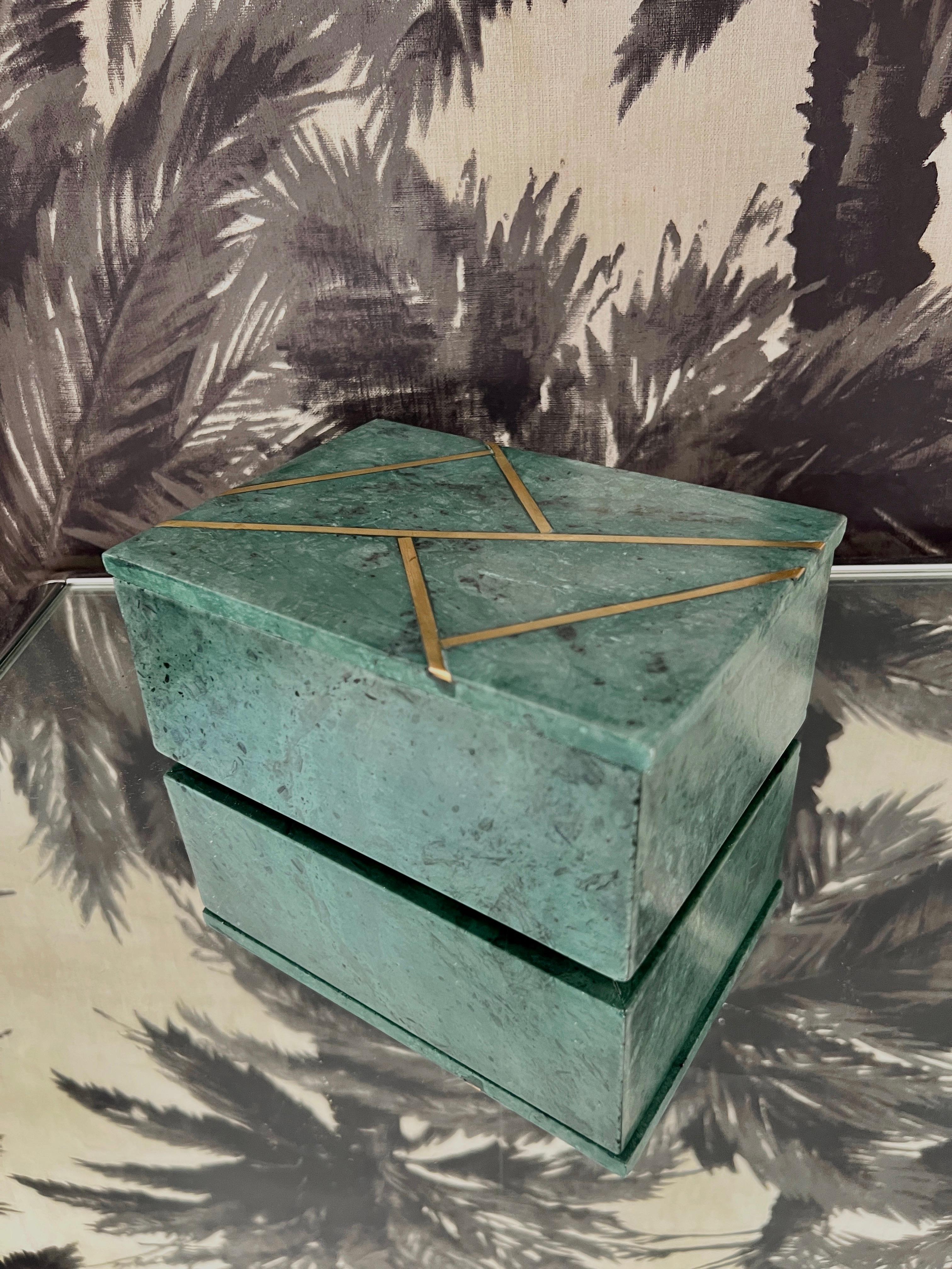 Decorative Box in Verde Guatemala Marble with Brass Inlays 1