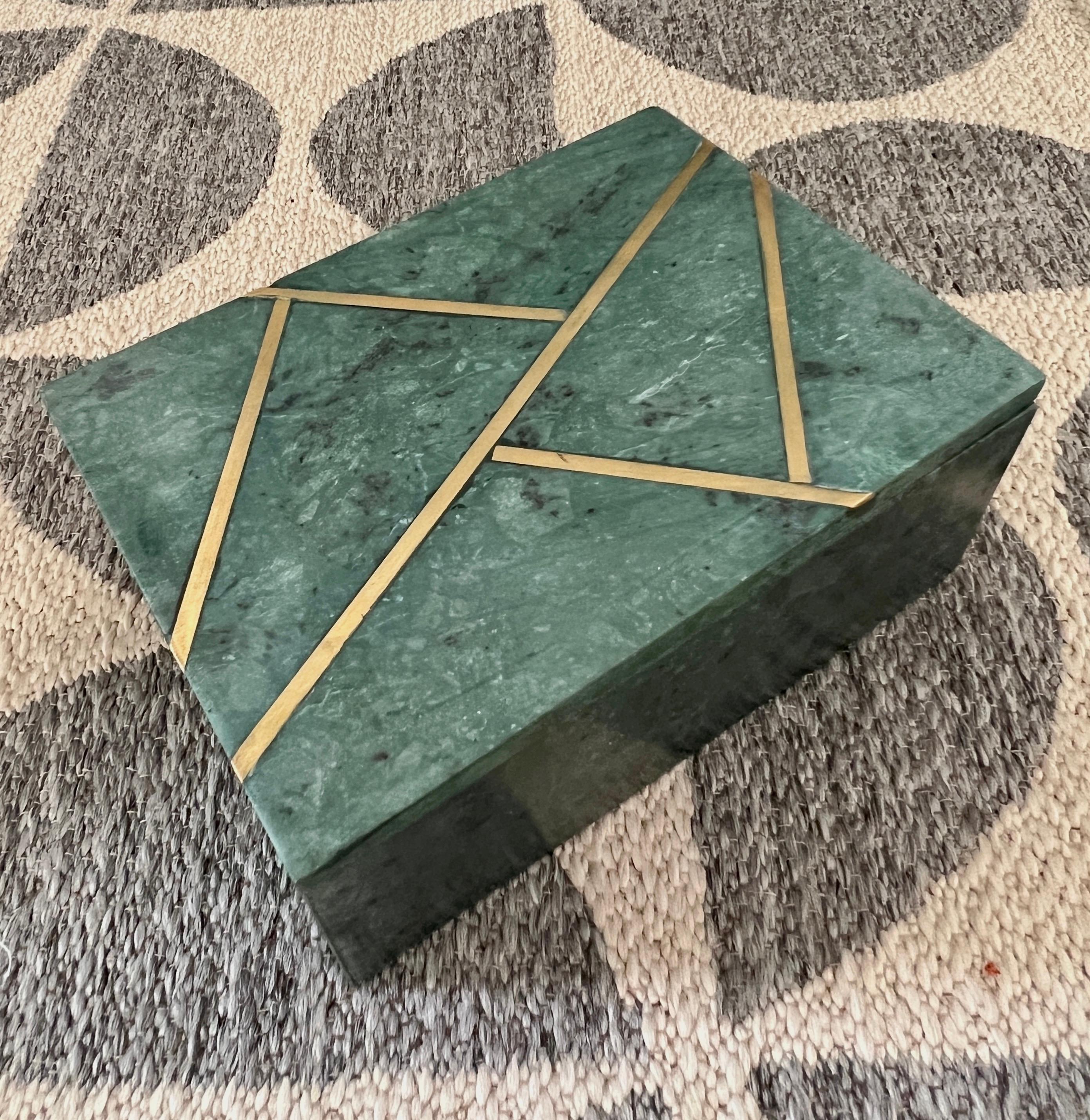 Decorative Box in Verde Guatemala Marble with Brass Inlays 2