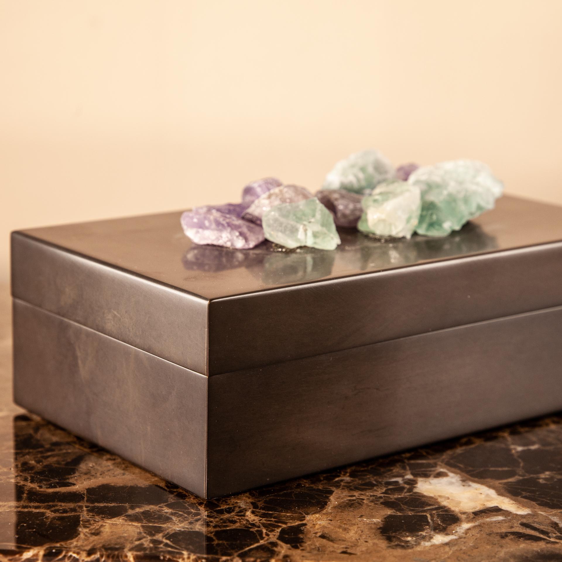 Mid-Century Modern Decorative Box Solid Brass with Fluorite Natural Crystals For Sale