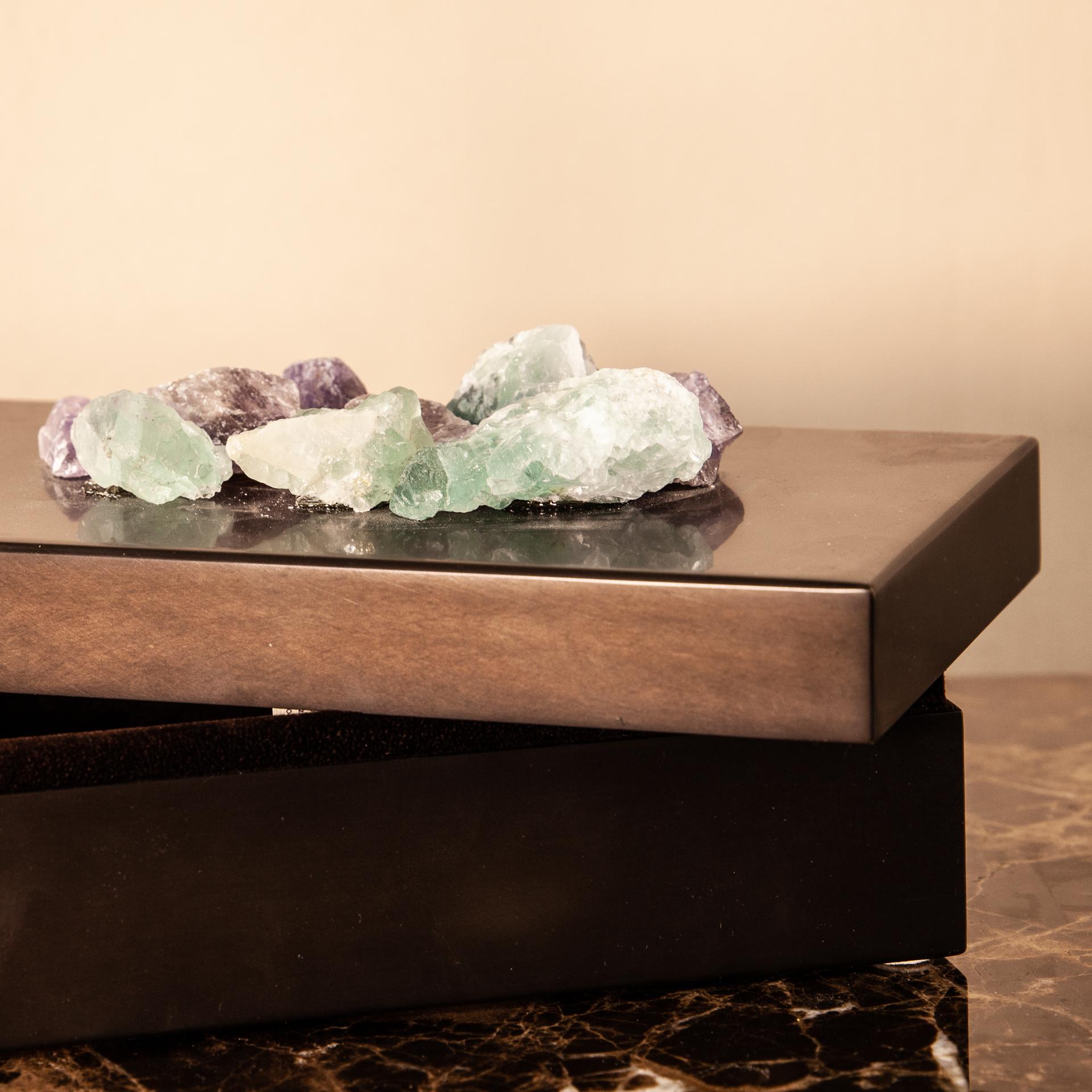 Contemporary Decorative Box Solid Brass with Fluorite Natural Crystals For Sale