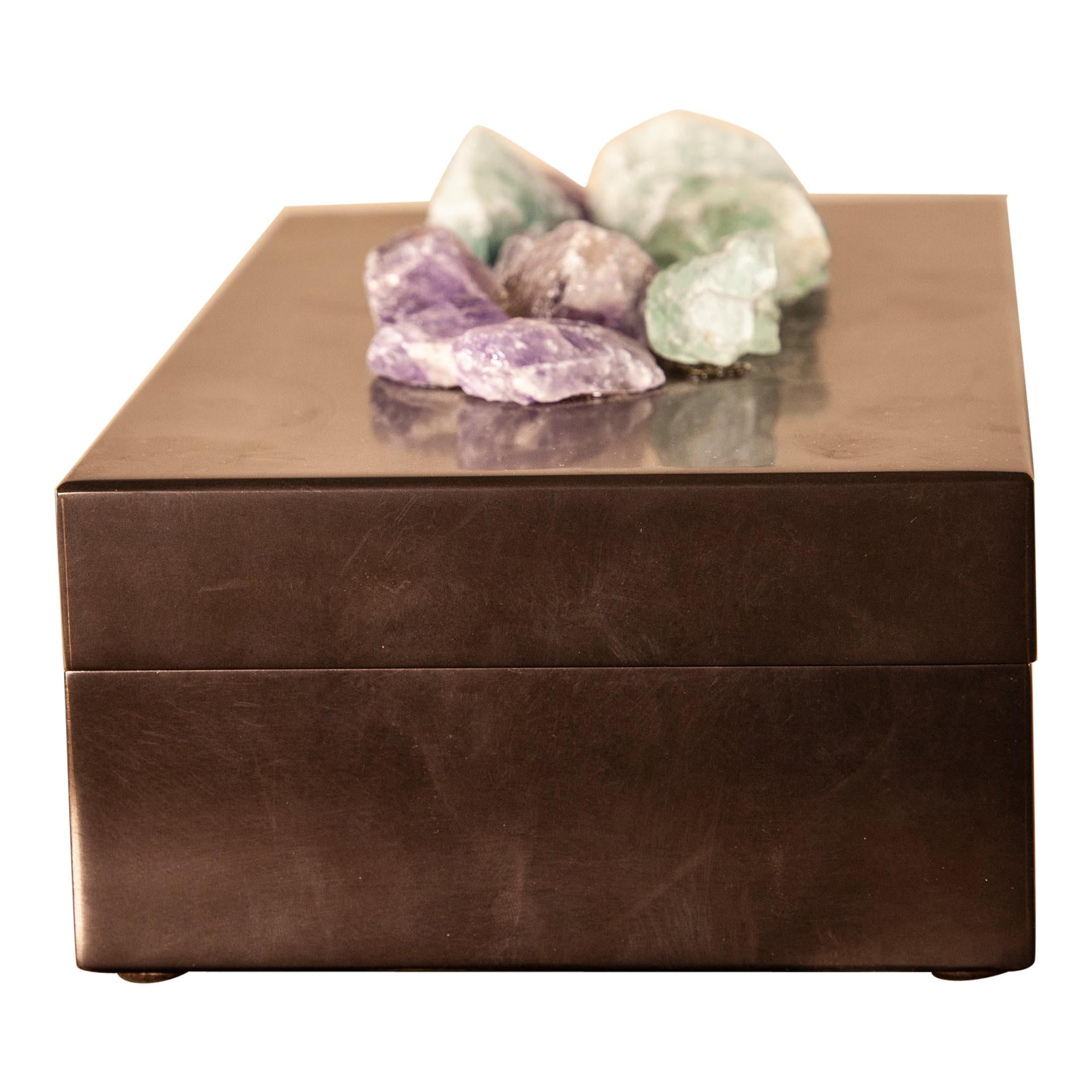 Decorative Box Solid Brass with Fluorite Natural Crystals For Sale