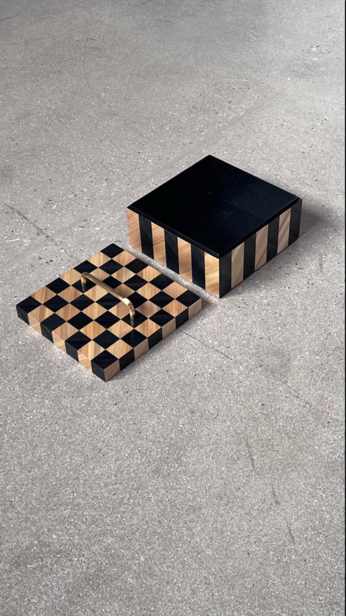 Ukrainian Decorative Box Straw Marquetry Inlay Handmade Checkerboard Black White Brass  For Sale