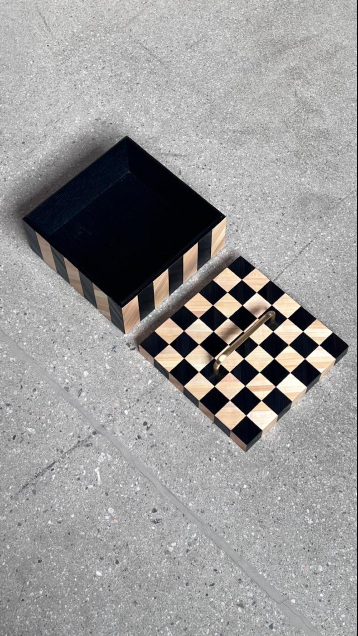 Arts and Crafts Decorative Box Straw Marquetry Inlay Handmade Checkerboard Black White Brass  For Sale