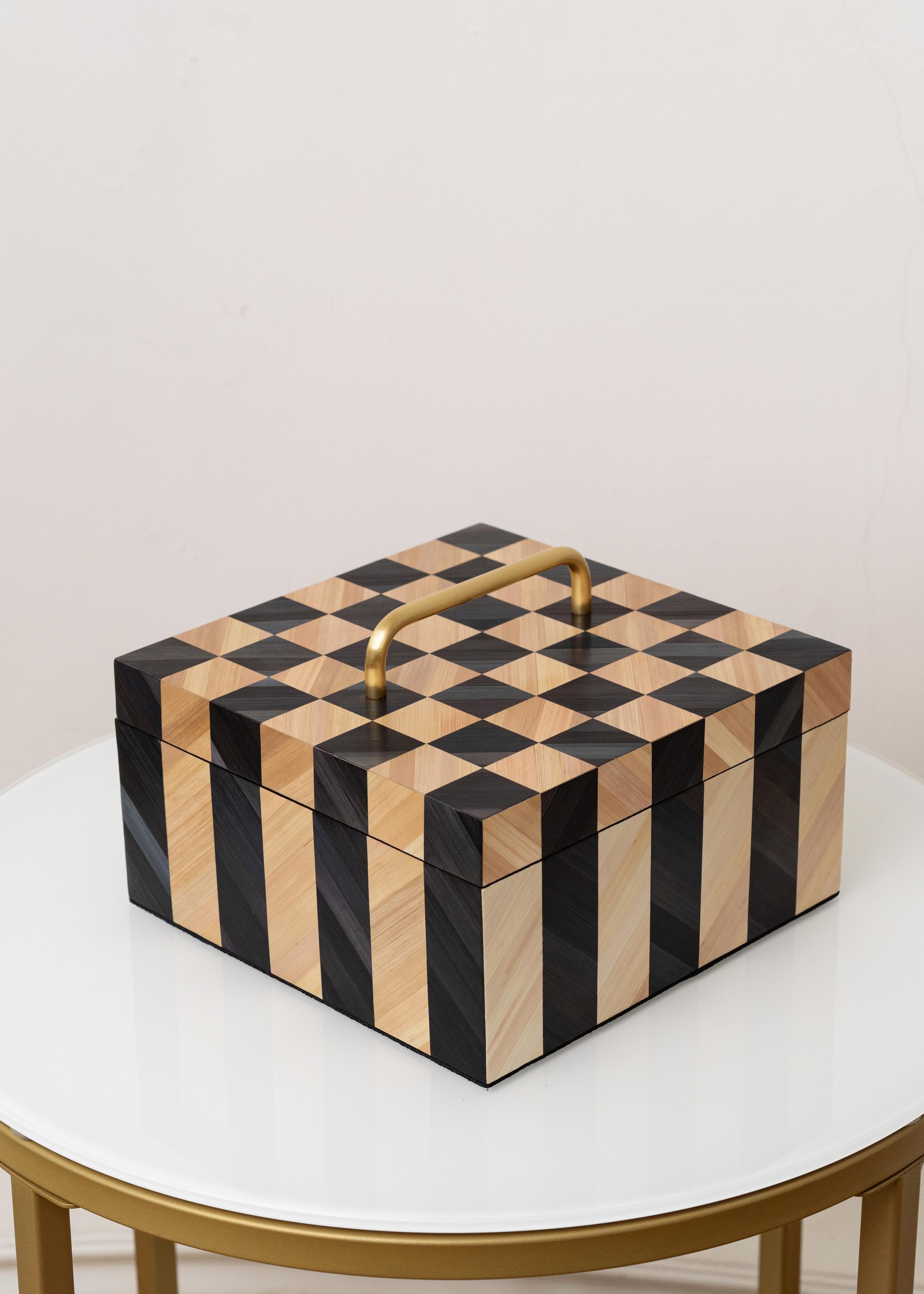 Ukrainian Handmade Decorative Treasure Box with Checkerboard Straw Marquetry Black White For Sale