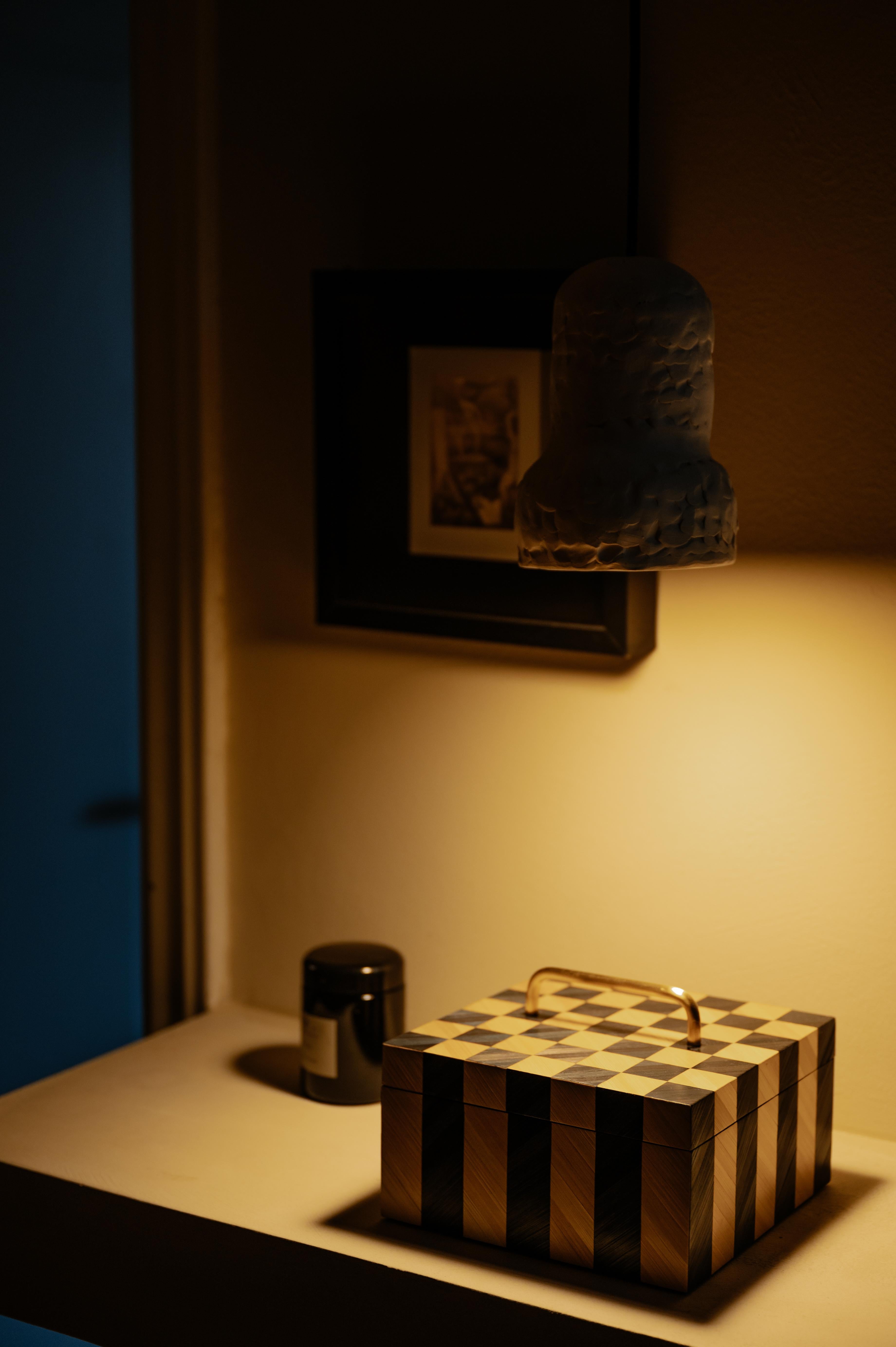 Decorative Box Straw Marquetry Inlay Handmade Checkerboard Black White Brass  For Sale 1