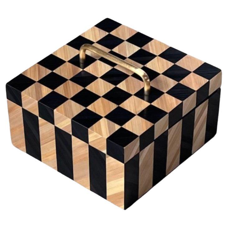 Dekorative Box Stroh Intarsien Handmade Schachbrett Schwarz Weiß Messing 