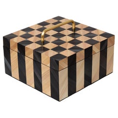 Caja decorativa para tesoros hecha a mano con marquetería de paja en damero Negro Blanco