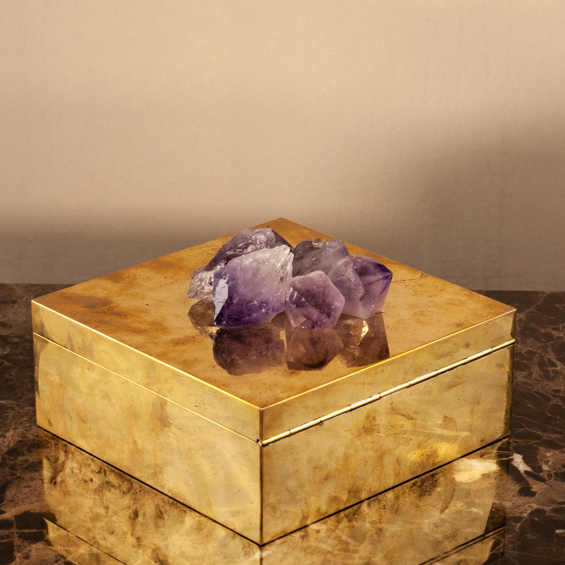 Solid brass box with real stone called fluorite, with hinges, in natural 