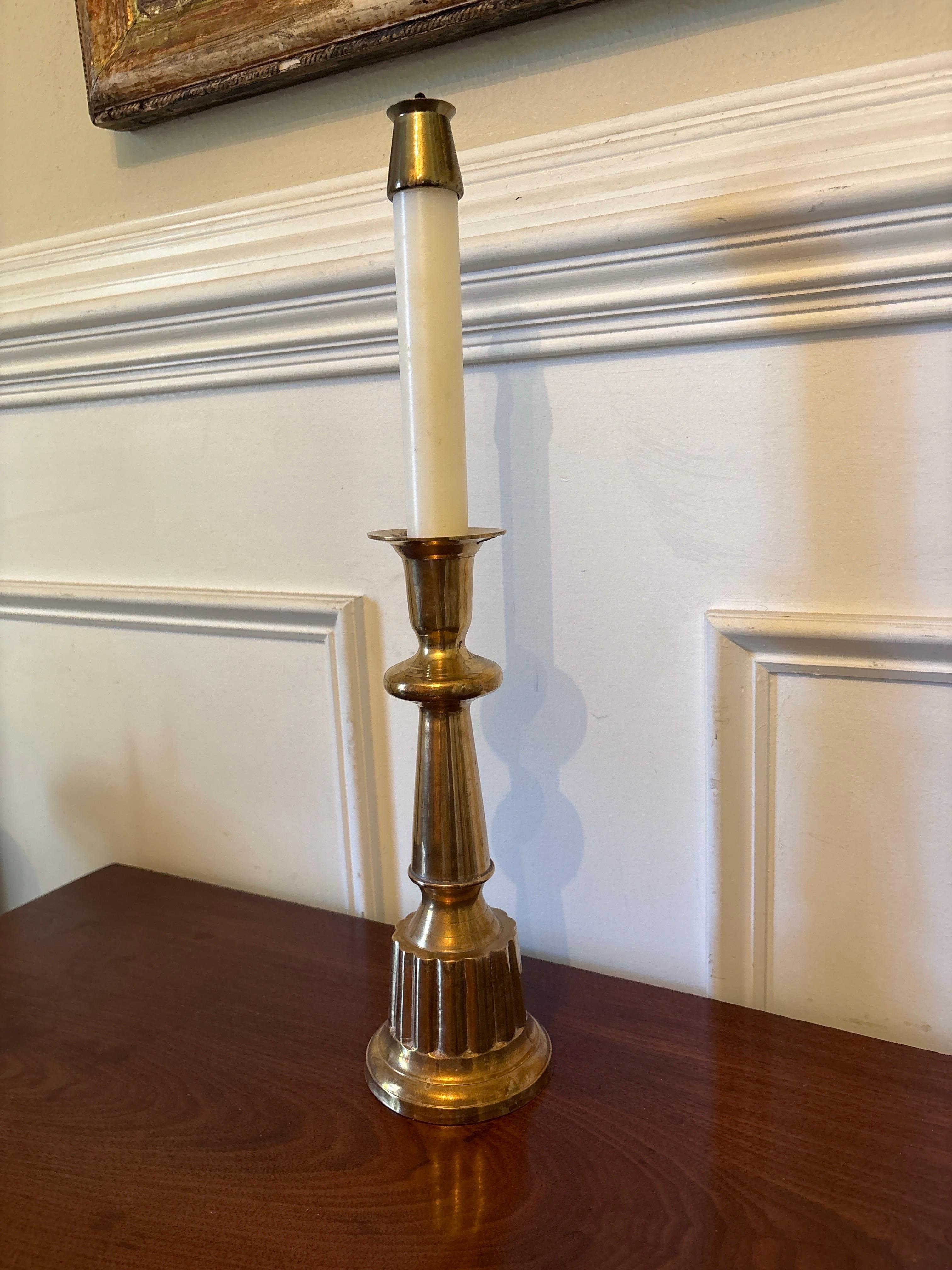 Decorative Brass Candlestick or Pricket with a Refillable Oil Liquid Candle, Mid 20th Century.  Complete with brass burner and wick.  20” h x 4.25” diameter
