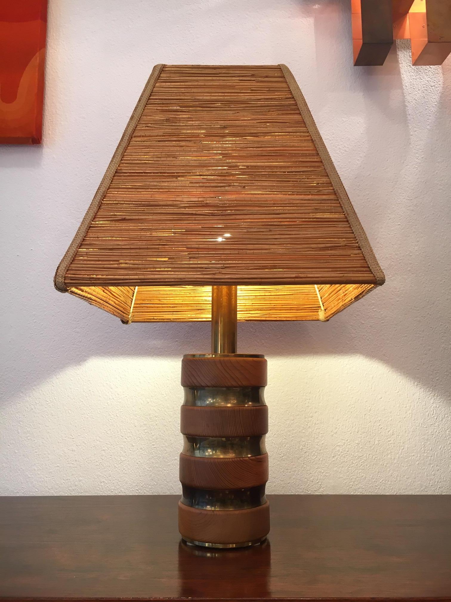 Decorative Brass, Elm & Rattan Table Lamp ca. 1970s For Sale 7