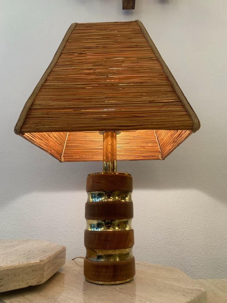 Late 20th Century Decorative Brass, Elm & Rattan Table Lamp ca. 1970s For Sale