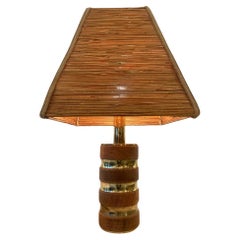 Used Decorative Brass, Elm & Rattan Table Lamp ca. 1970s