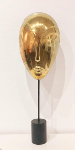 Decorative Brass Mask Sculpture Alien Face Art Deco on Stand