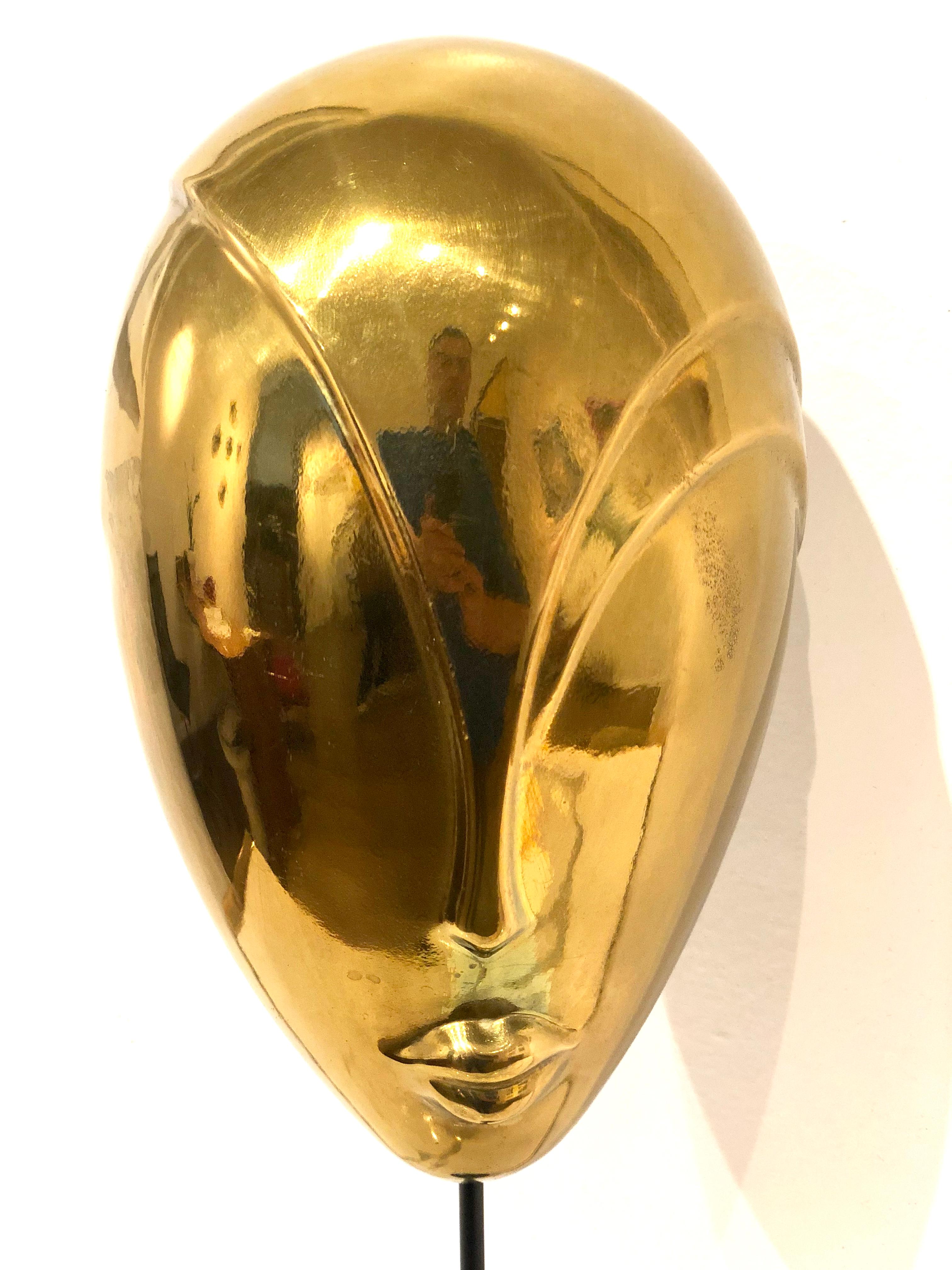 20th Century Decorative Brass Mask Sculpture Alien Face Art Deco on Stand