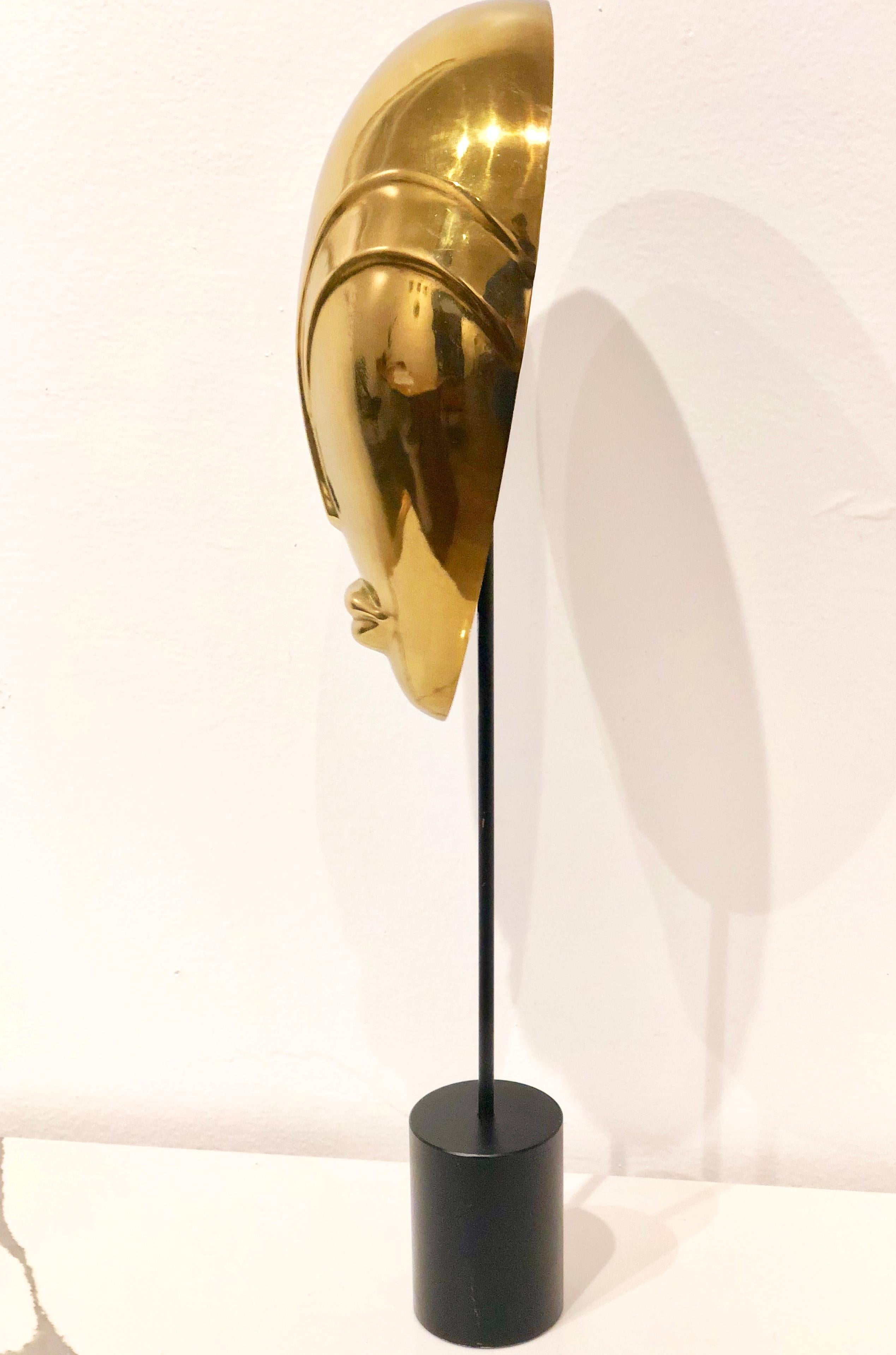 Decorative Brass Mask Sculpture Alien Face Art Deco on Stand 1