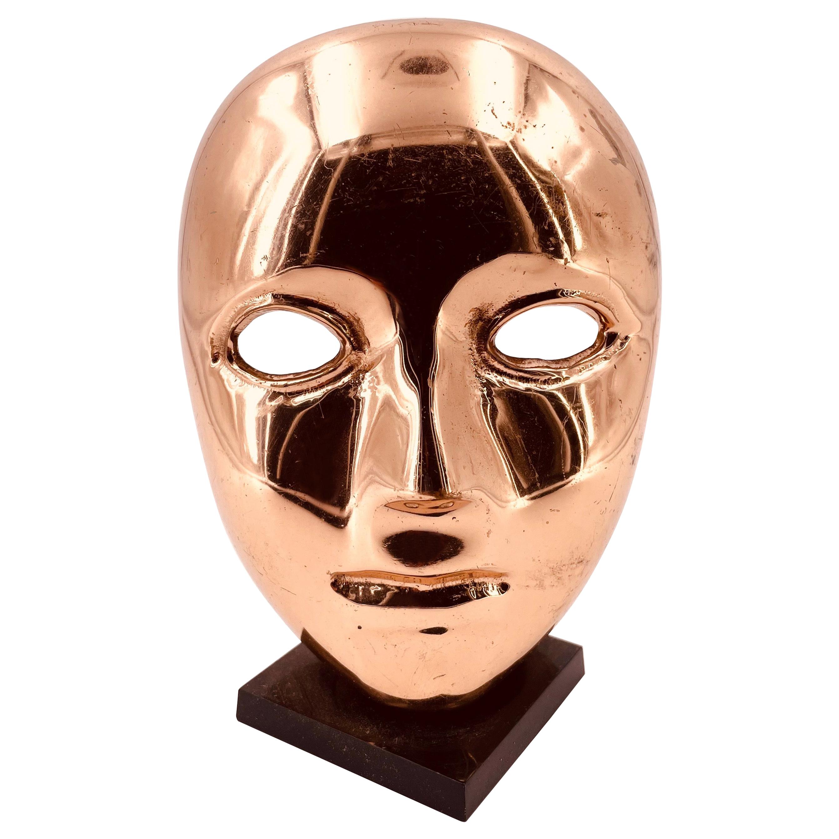 Decorative Brass Mask Sculpture Face Art Deco on Stand