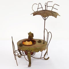 Decorative Brass Miniature of a Parisian Sidewalk Café Table, Chair and Parasol