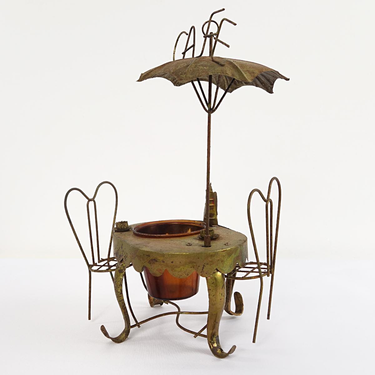 French Decorative Brass Miniature of a Parisian Sidewalk Café Table, Chair and Parasol For Sale