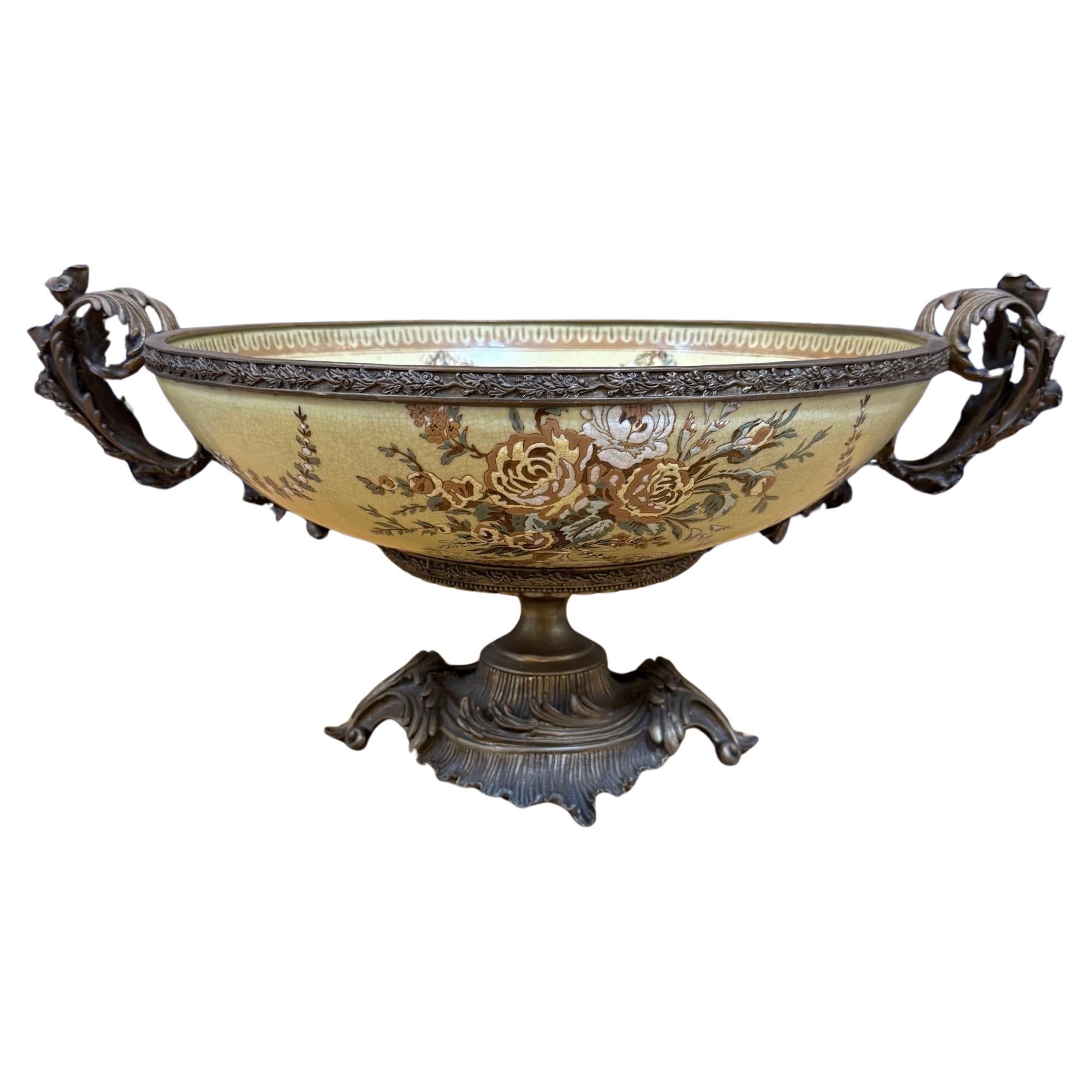 Decorative Brass Mounted Painted Ceramic Compote Centerpiece Bowl For Sale
