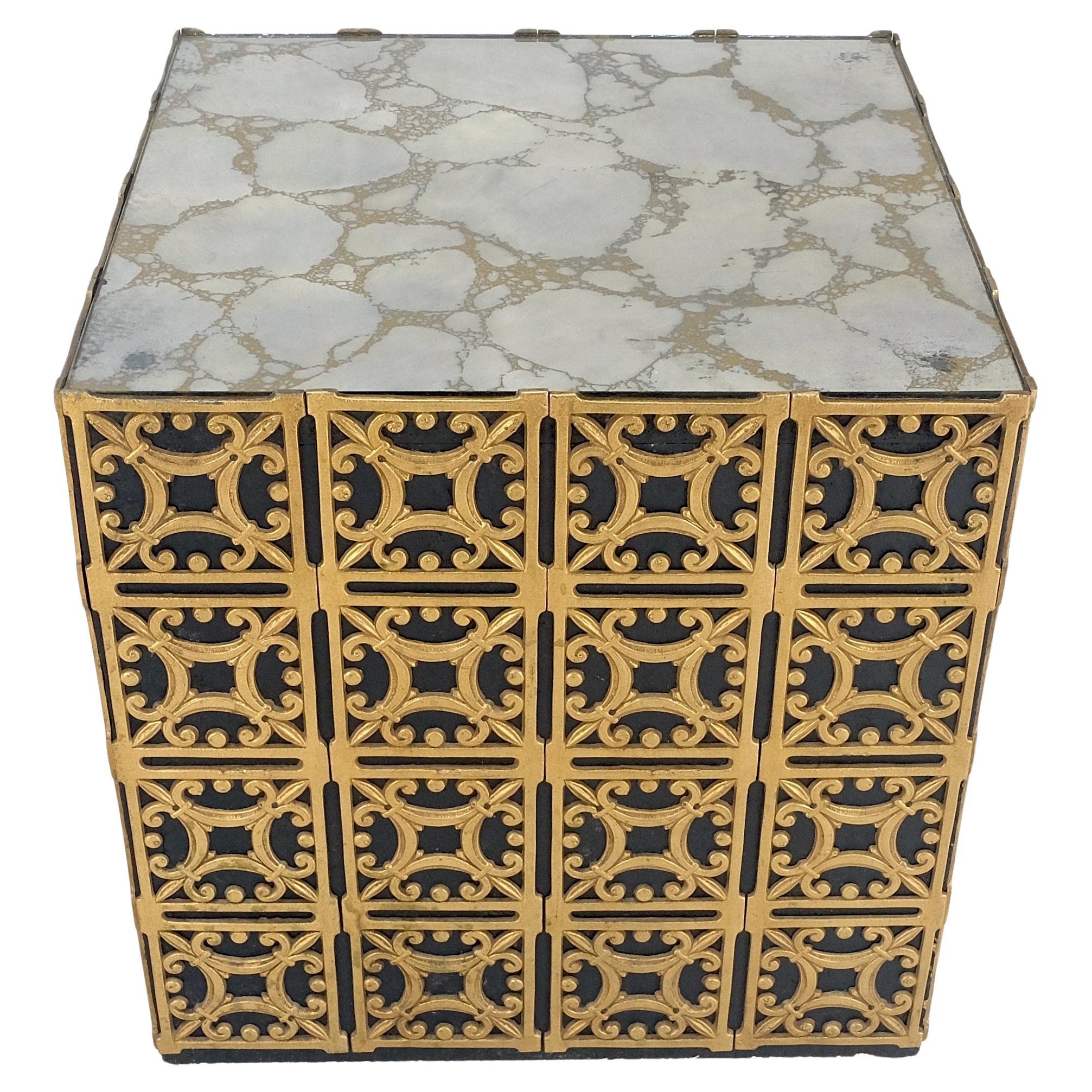 Decorative Brass Pattern Shaped Cube Base Side Table w/ Smoke Mirrored Top MINT For Sale