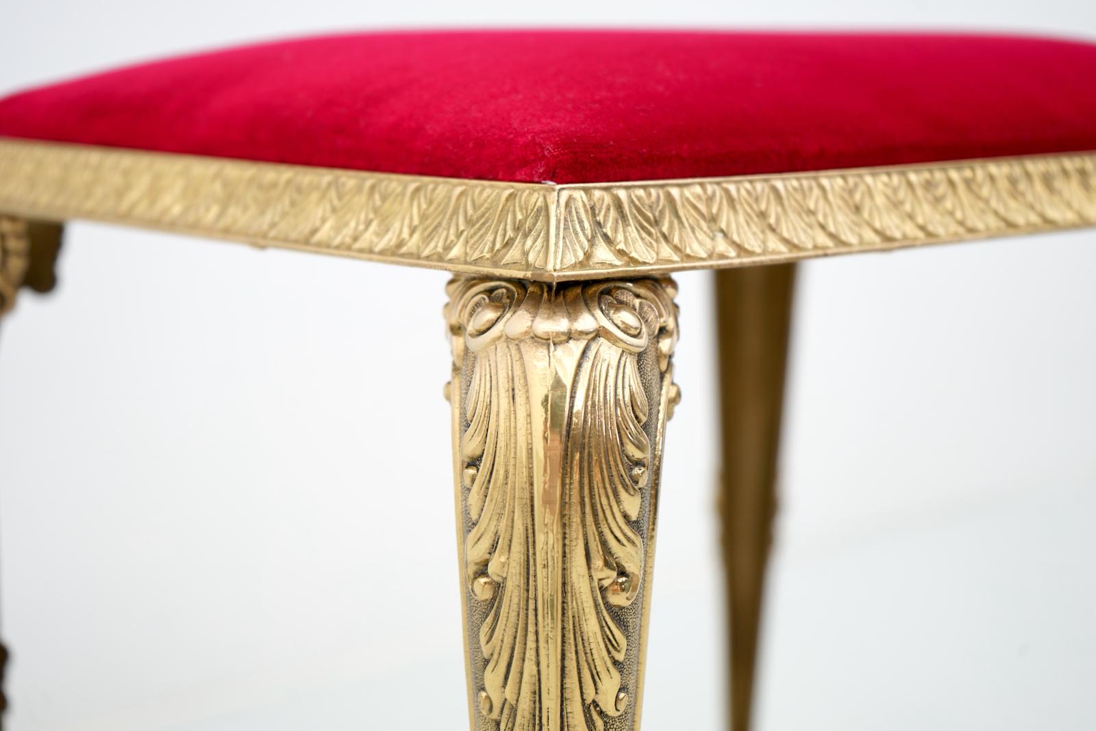 Mid-Century Modern Decorative Brass Stool with Red Fabric, circa 1970s For Sale
