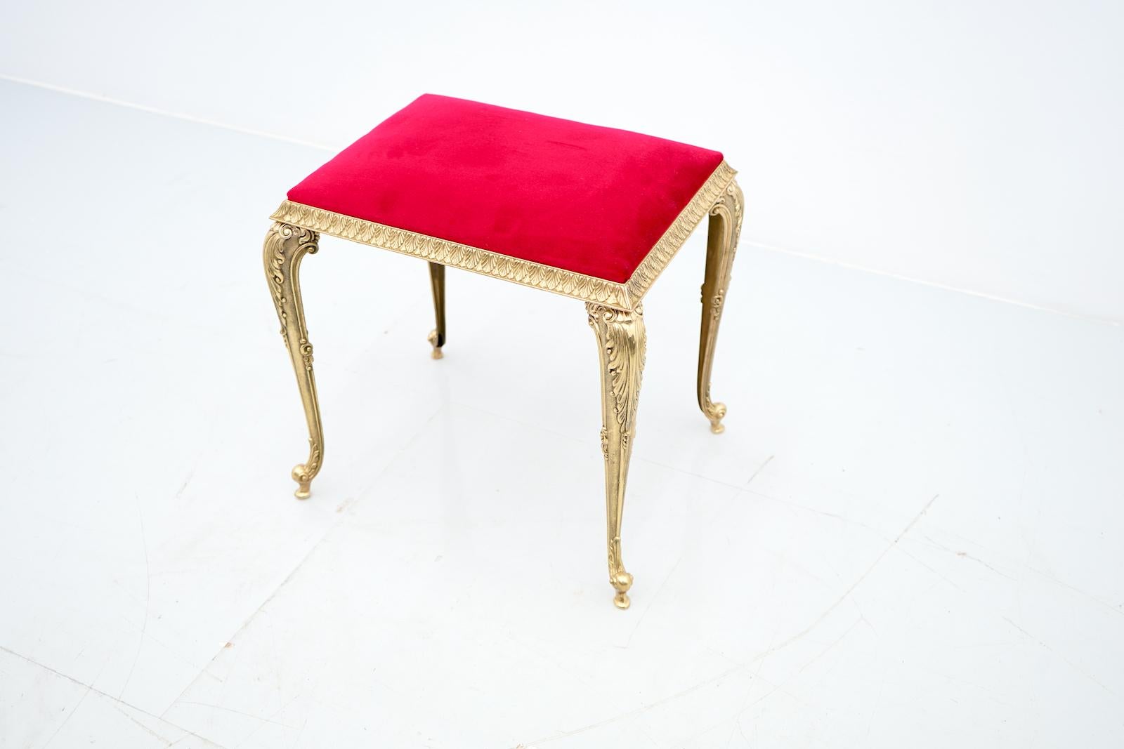 20th Century Decorative Brass Stool with Red Fabric, circa 1970s For Sale